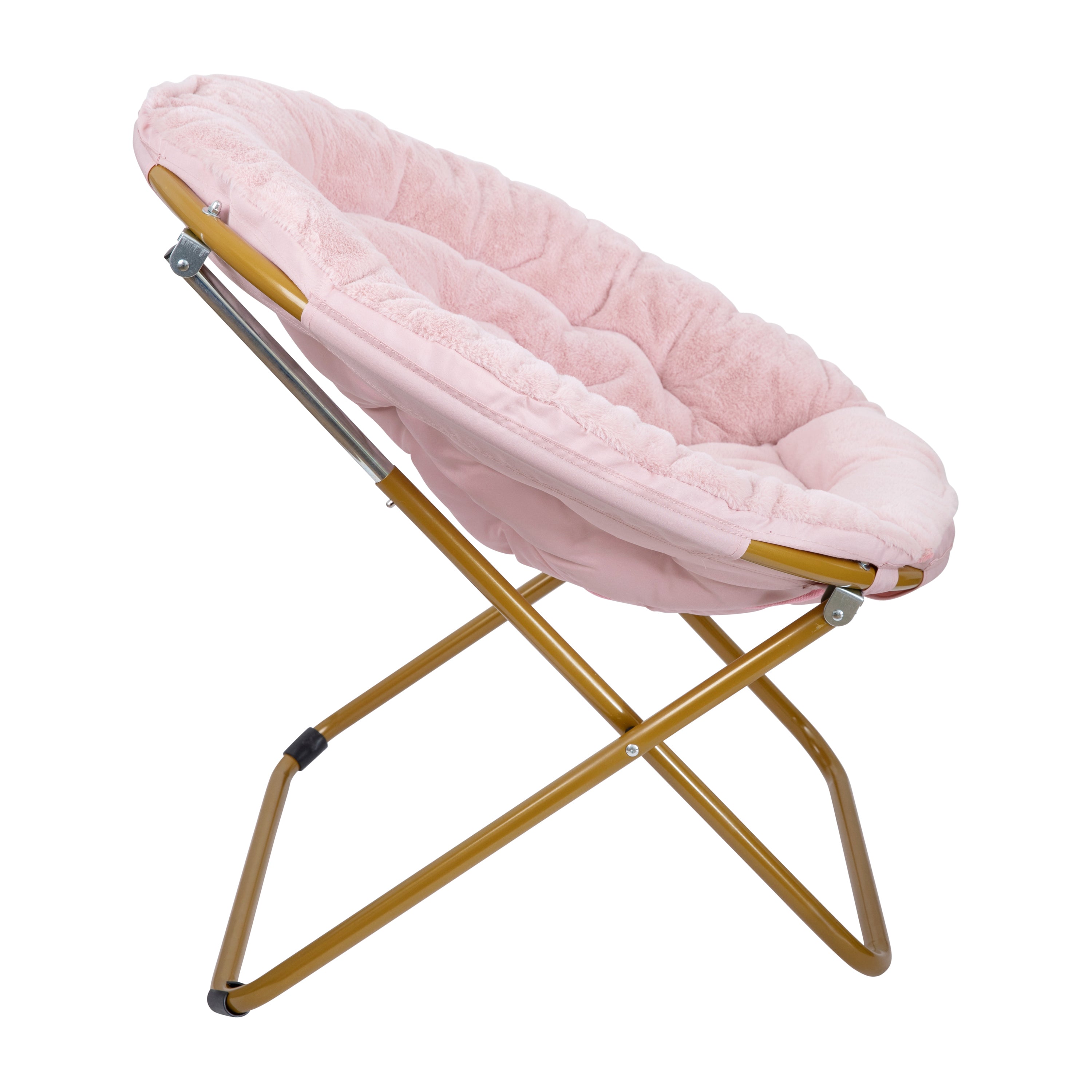 Gwen 38" Oversize Portable Faux Fur Folding Saucer Moon Chair for Dorm and Bedroom, Blush Faux Fur/Soft Gold Frame