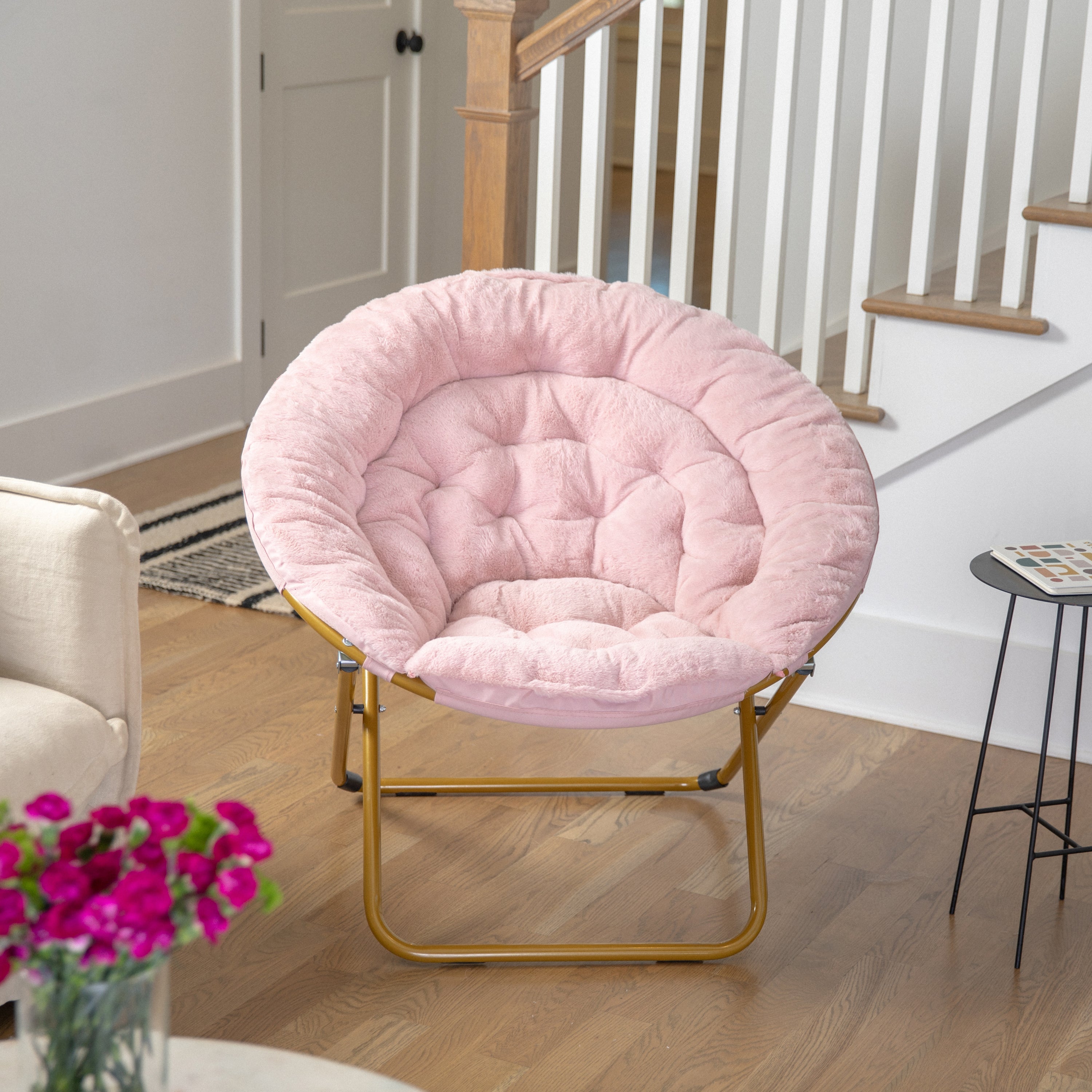 Gwen 38" Oversize Portable Faux Fur Folding Saucer Moon Chair for Dorm and Bedroom, Blush Faux Fur/Soft Gold Frame