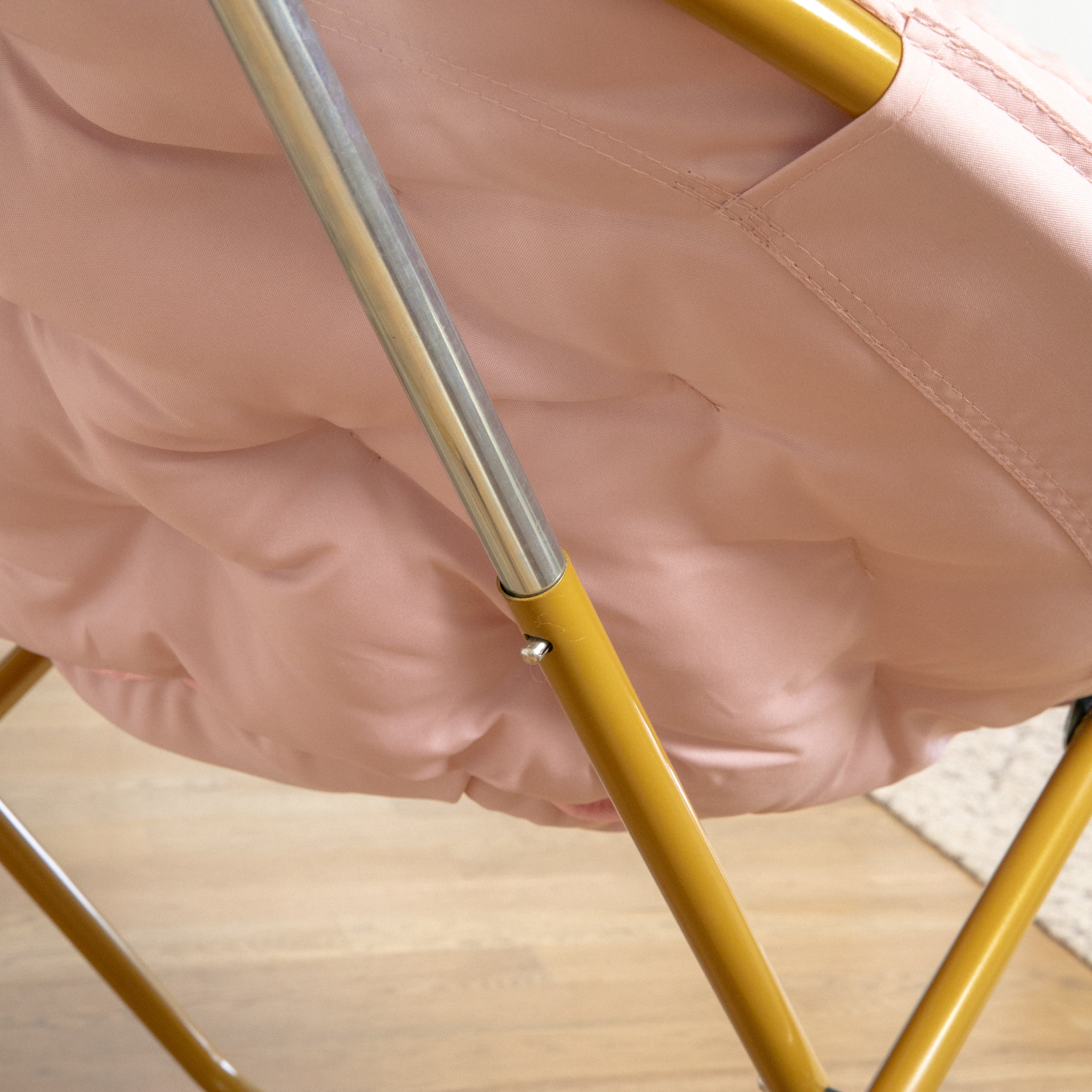 Gwen 38" Oversize Portable Faux Fur Folding Saucer Moon Chair for Dorm and Bedroom, Blush Faux Fur/Soft Gold Frame