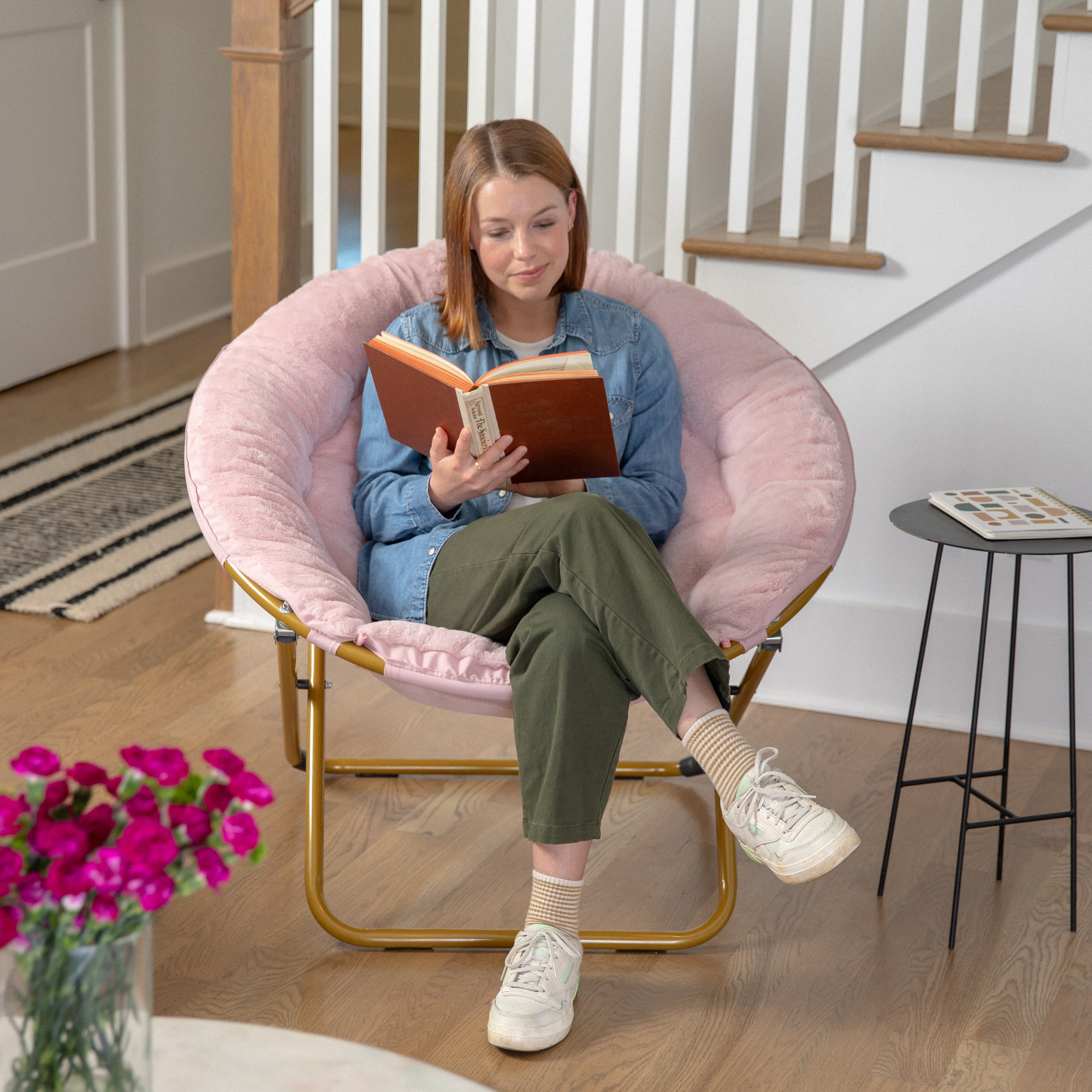 Gwen 38" Oversize Portable Faux Fur Folding Saucer Moon Chair for Dorm and Bedroom, Blush Faux Fur/Soft Gold Frame