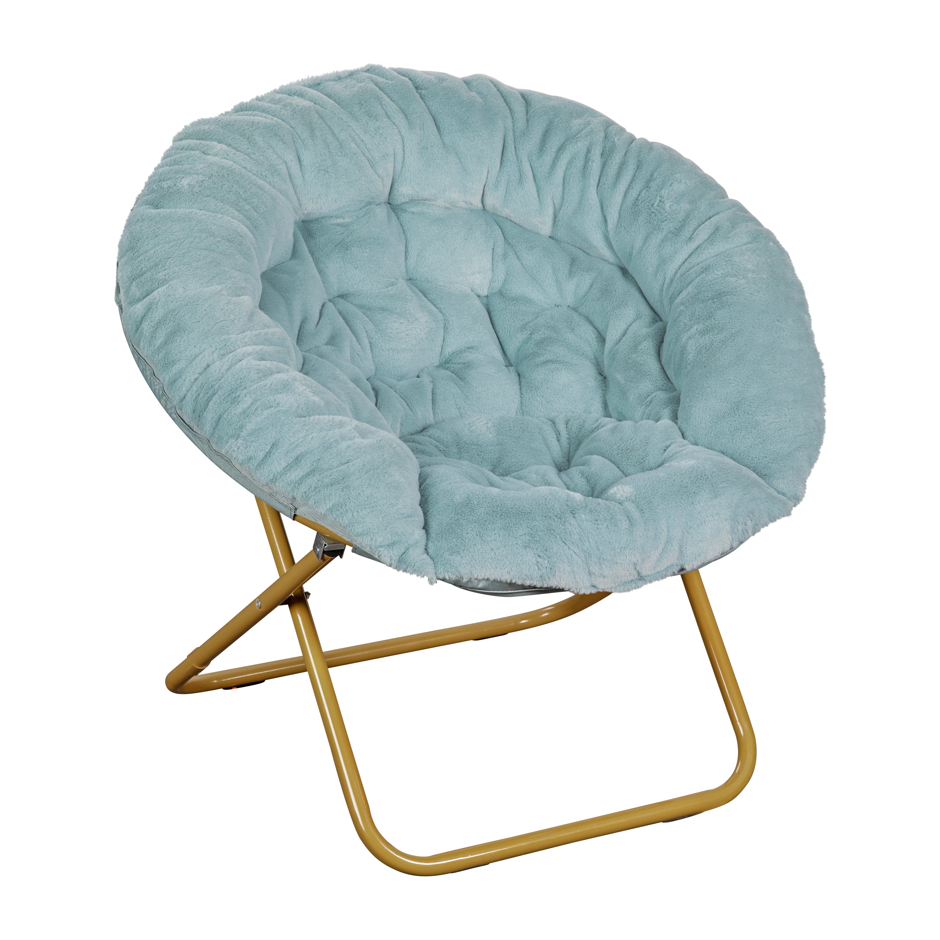 Gwen 38" Oversize Portable Faux Fur Folding Saucer Moon Chair for Dorm and Bedroom, Dusty Aqua Faux Fur/Soft Gold Frame