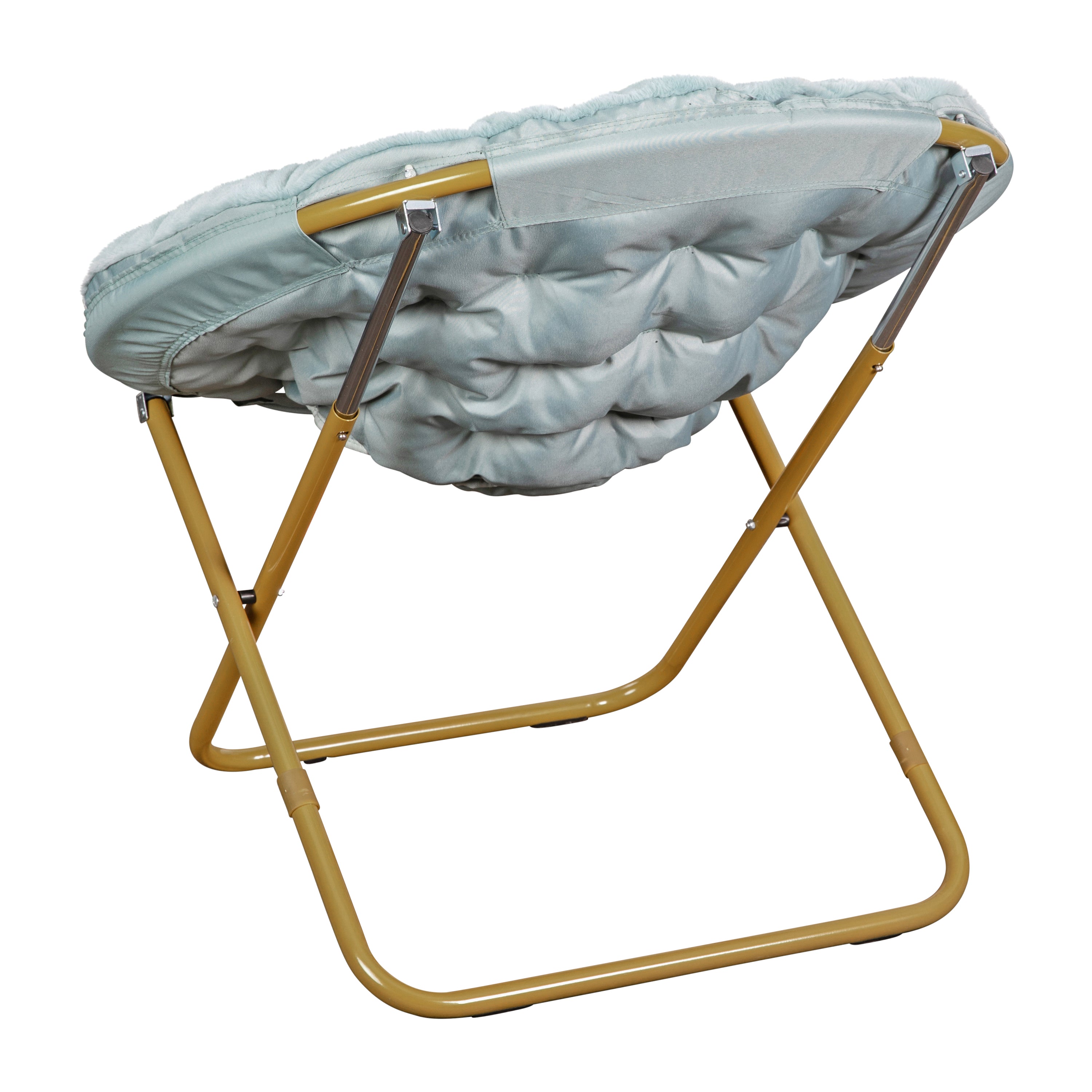 Gwen 38" Oversize Portable Faux Fur Folding Saucer Moon Chair for Dorm and Bedroom, Dusty Aqua Faux Fur/Soft Gold Frame