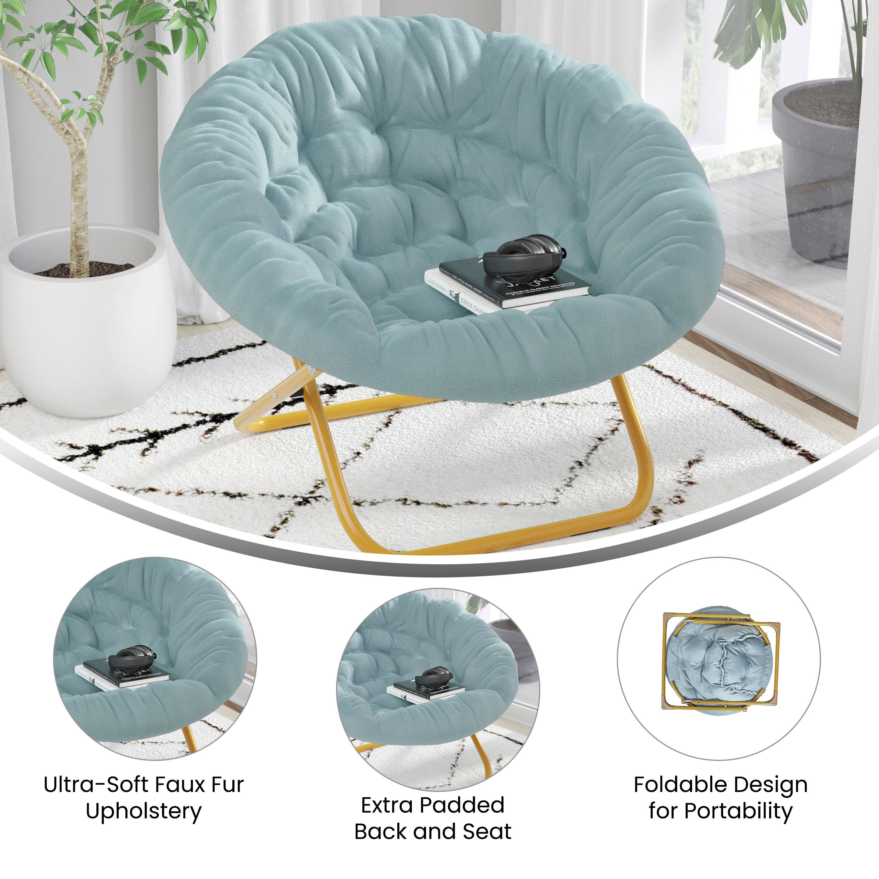 Gwen 38" Oversize Portable Faux Fur Folding Saucer Moon Chair for Dorm and Bedroom, Dusty Aqua Faux Fur/Soft Gold Frame