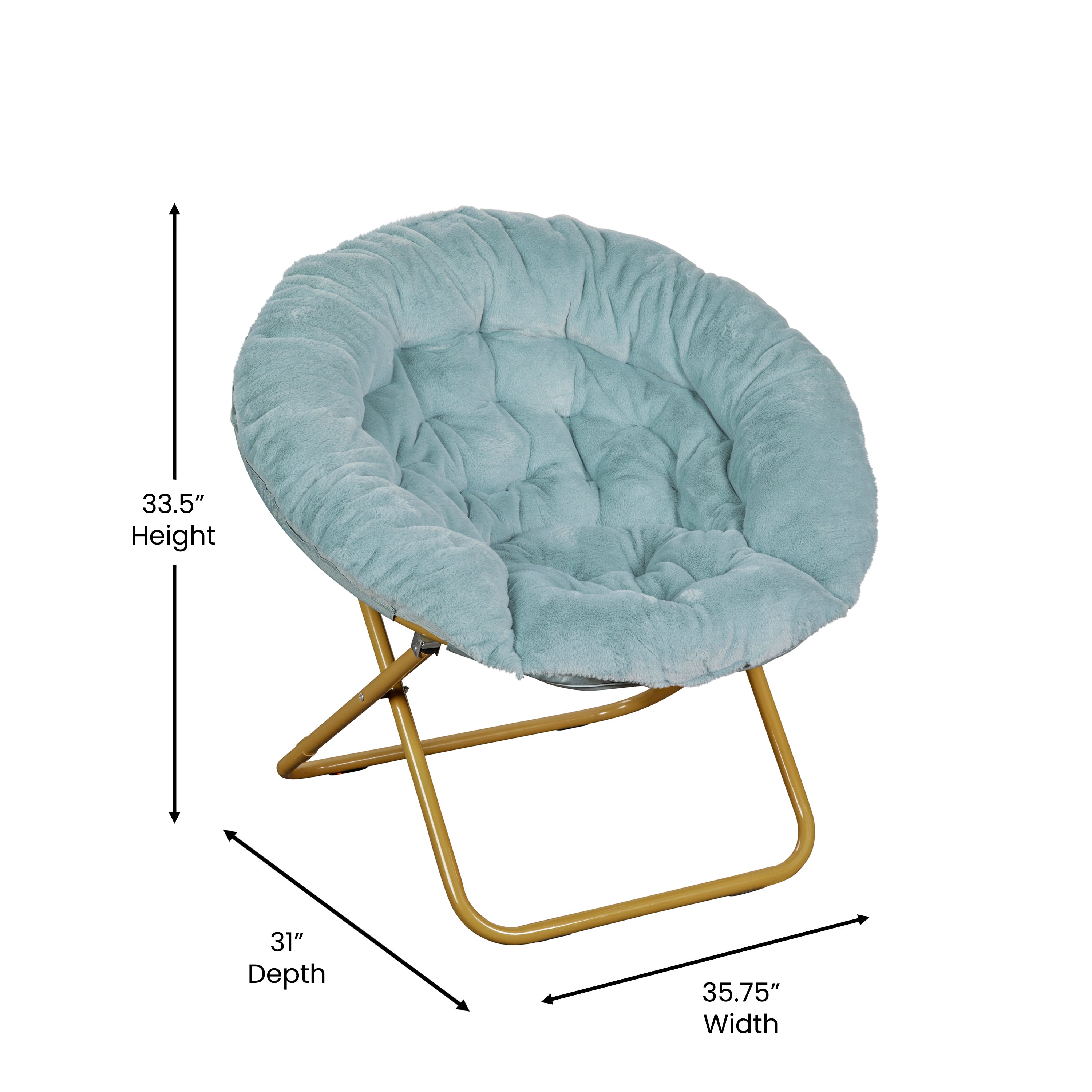 Gwen 38" Oversize Portable Faux Fur Folding Saucer Moon Chair for Dorm and Bedroom, Dusty Aqua Faux Fur/Soft Gold Frame