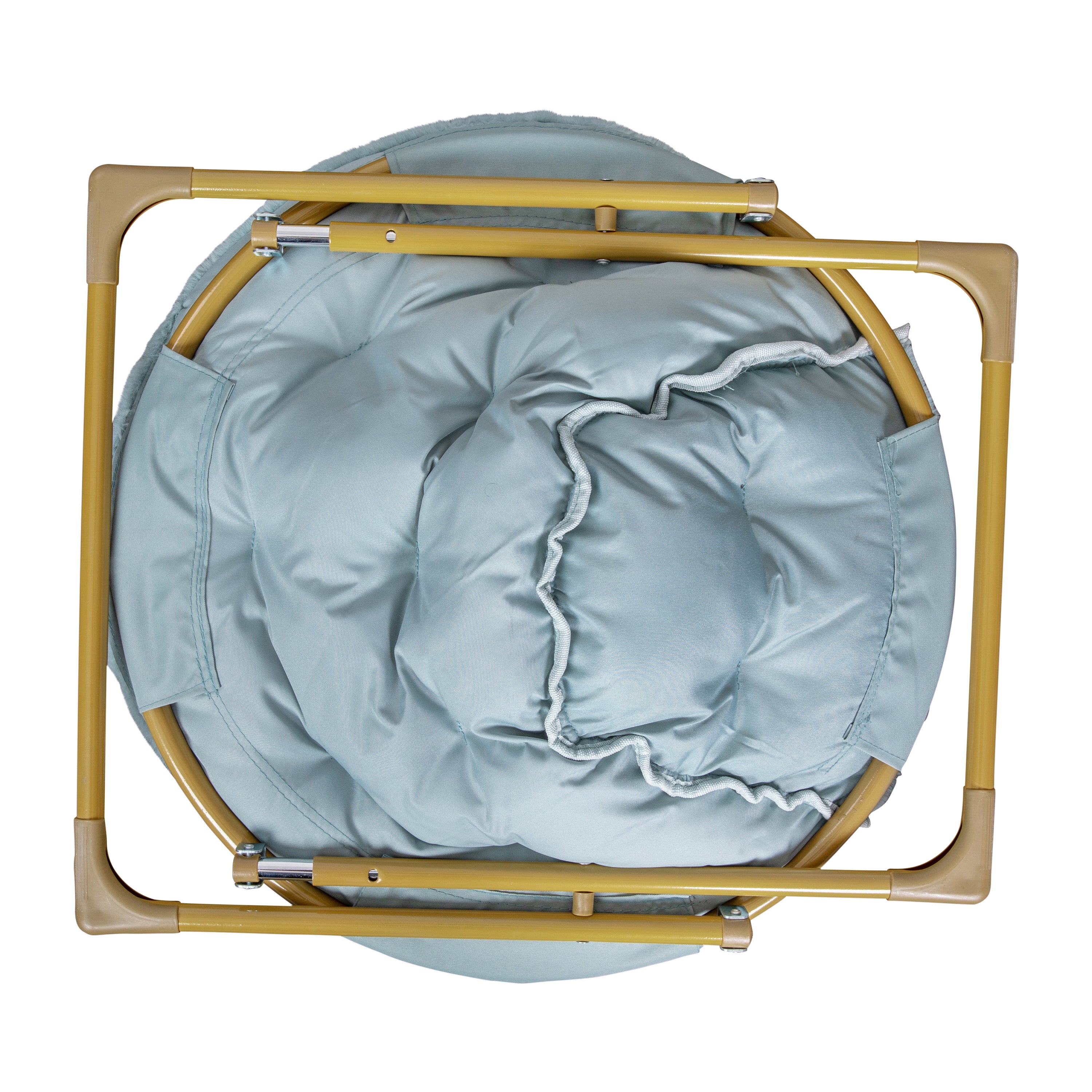 Gwen 38" Oversize Portable Faux Fur Folding Saucer Moon Chair for Dorm and Bedroom, Dusty Aqua Faux Fur/Soft Gold Frame