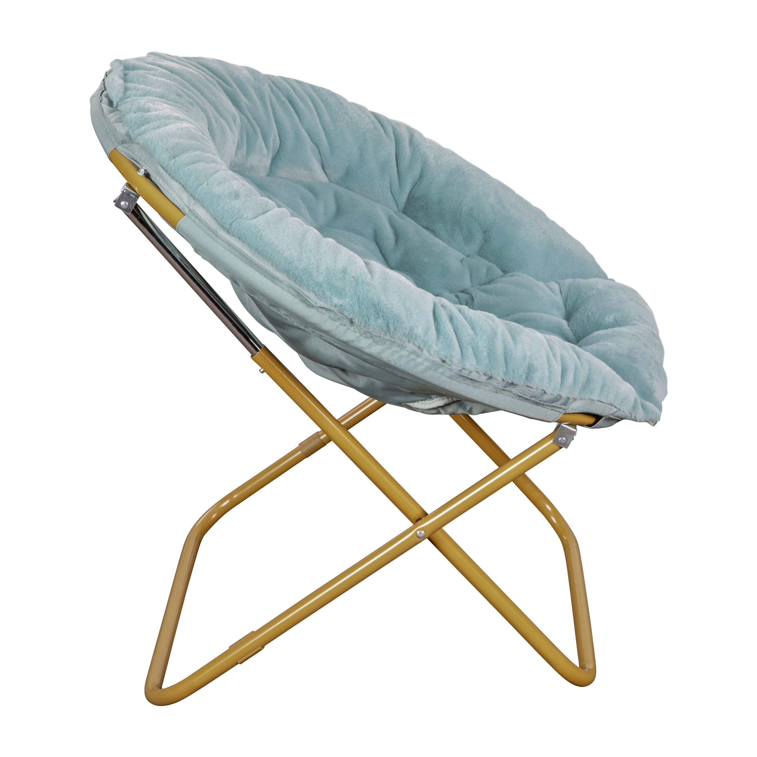 Gwen 38" Oversize Portable Faux Fur Folding Saucer Moon Chair for Dorm and Bedroom, Dusty Aqua Faux Fur/Soft Gold Frame