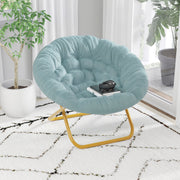Gwen 38" Oversize Portable Faux Fur Folding Saucer Moon Chair for Dorm and Bedroom, Dusty Aqua Faux Fur/Soft Gold Frame