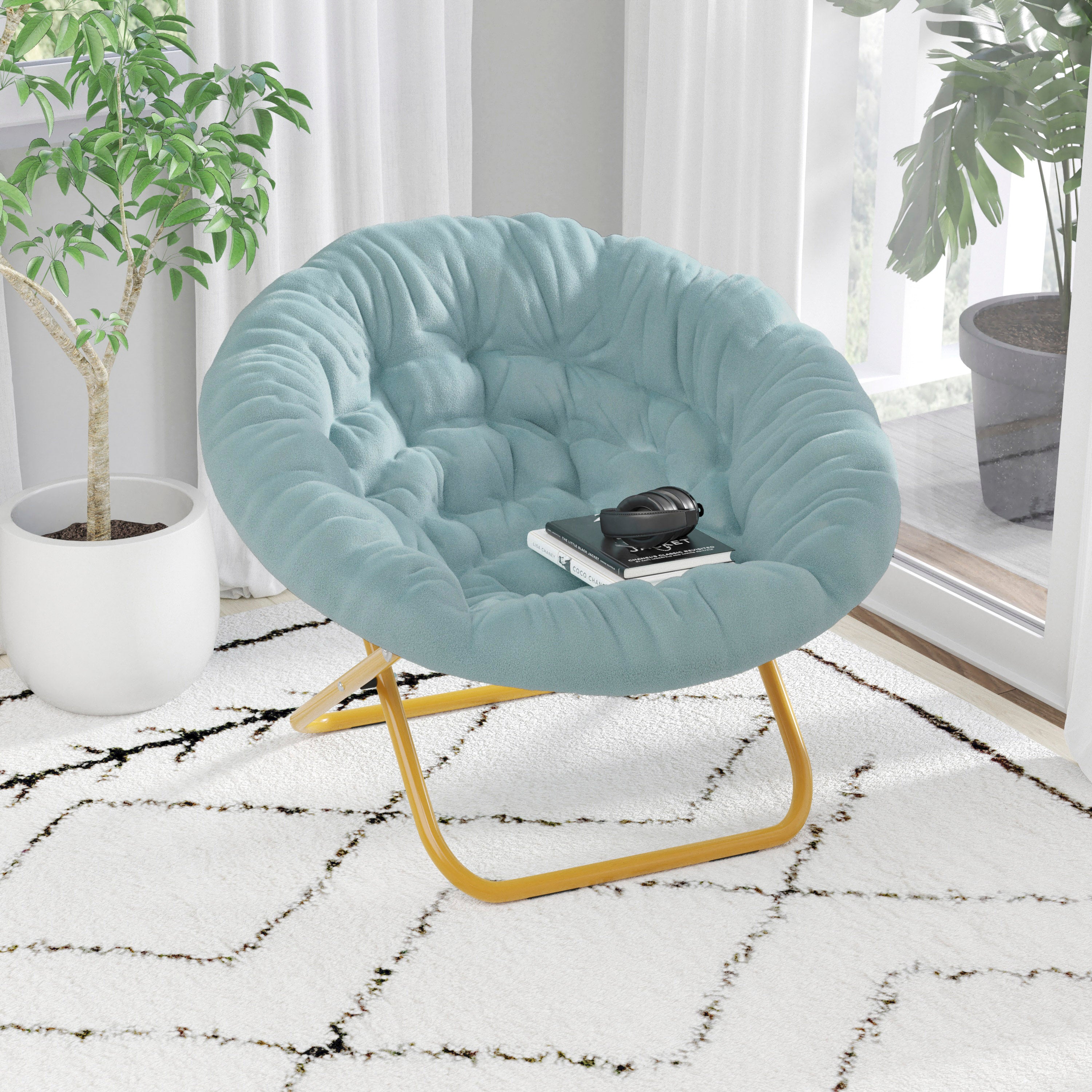 Gwen 38" Oversize Portable Faux Fur Folding Saucer Moon Chair for Dorm and Bedroom, Dusty Aqua Faux Fur/Soft Gold Frame