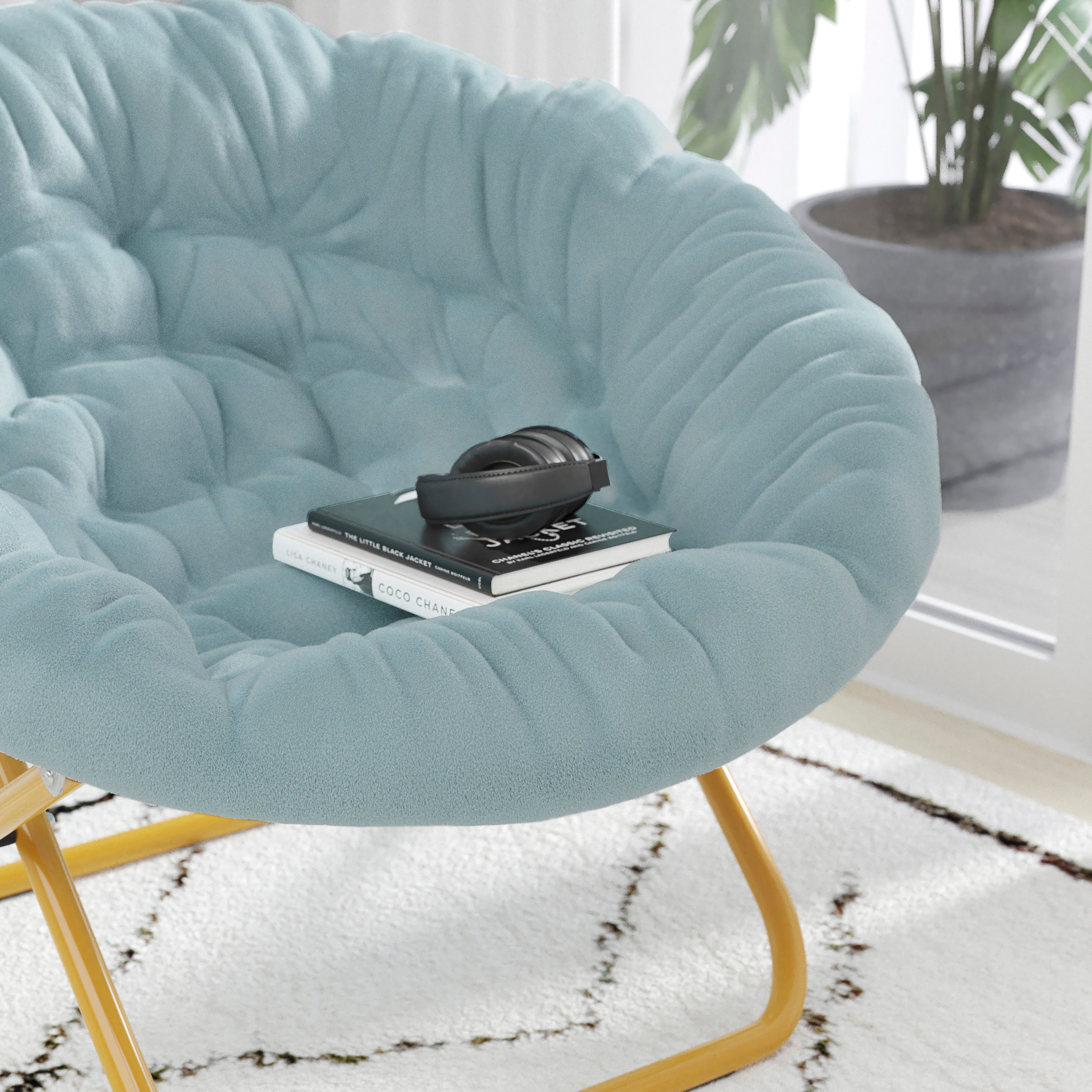 Gwen 38" Oversize Portable Faux Fur Folding Saucer Moon Chair for Dorm and Bedroom, Dusty Aqua Faux Fur/Soft Gold Frame