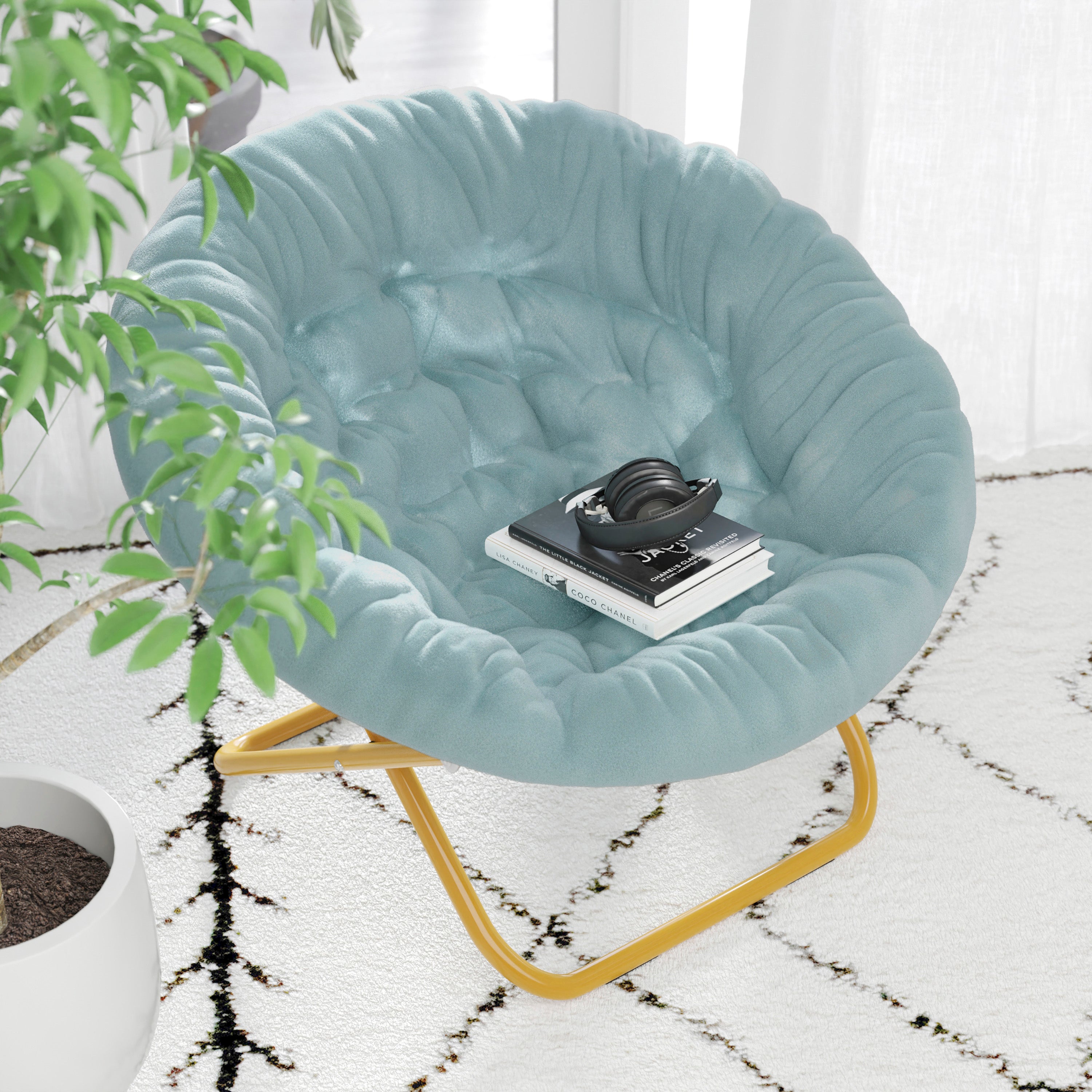 Gwen 38" Oversize Portable Faux Fur Folding Saucer Moon Chair for Dorm and Bedroom, Dusty Aqua Faux Fur/Soft Gold Frame