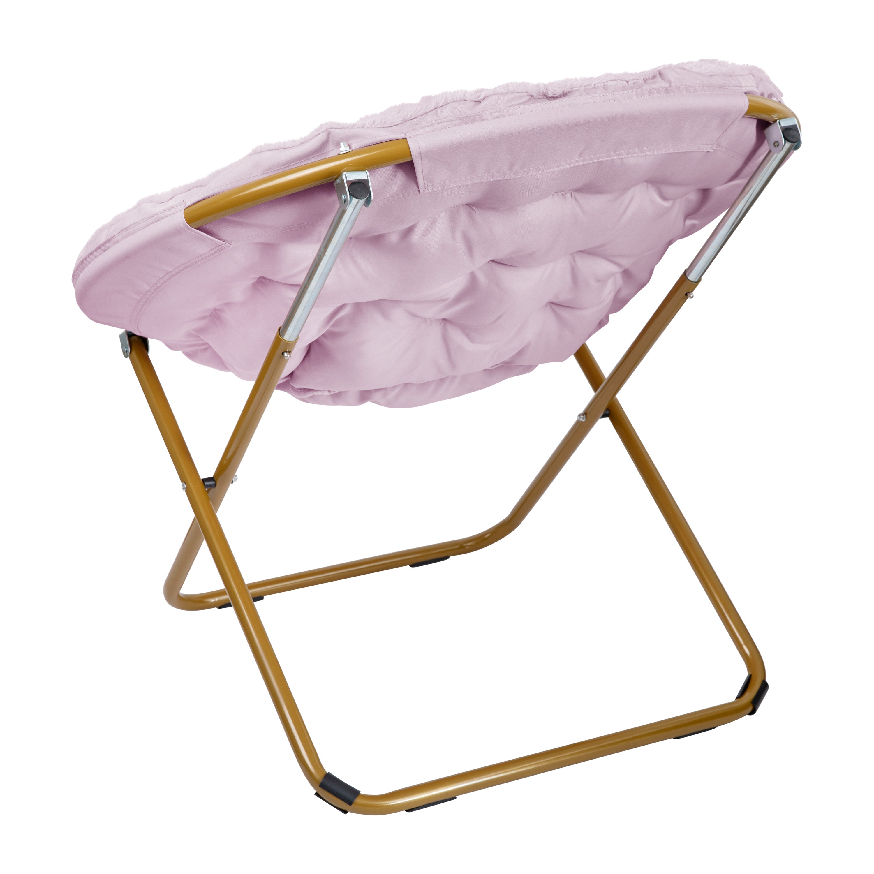 Gwen 38" Oversize Portable Faux Fur Folding Saucer Moon Chair for Dorm and Bedroom, Dusty Purple Faux Fur/Soft Gold Frame