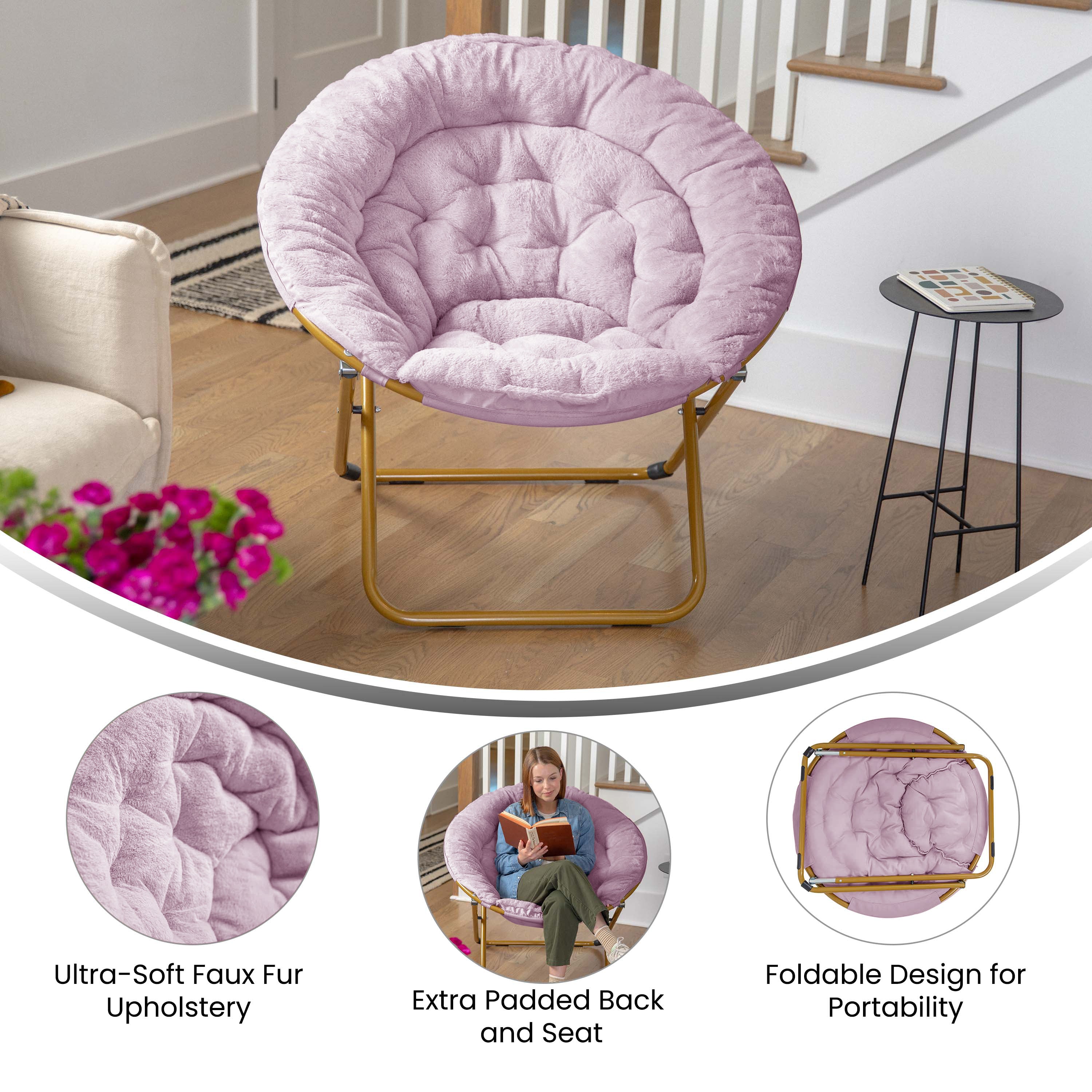 Gwen 38" Oversize Portable Faux Fur Folding Saucer Moon Chair for Dorm and Bedroom, Dusty Purple Faux Fur/Soft Gold Frame