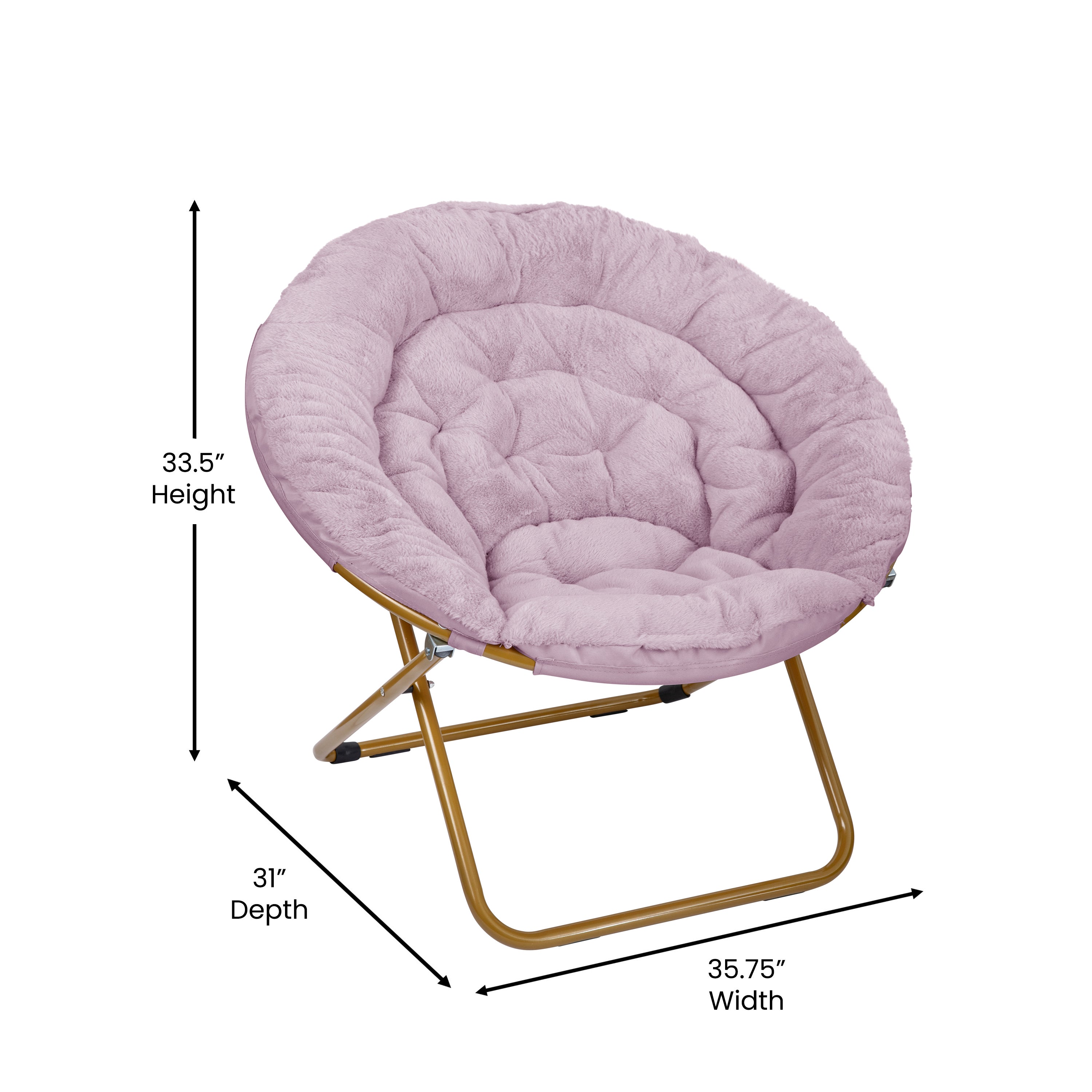 Gwen 38" Oversize Portable Faux Fur Folding Saucer Moon Chair for Dorm and Bedroom, Dusty Purple Faux Fur/Soft Gold Frame