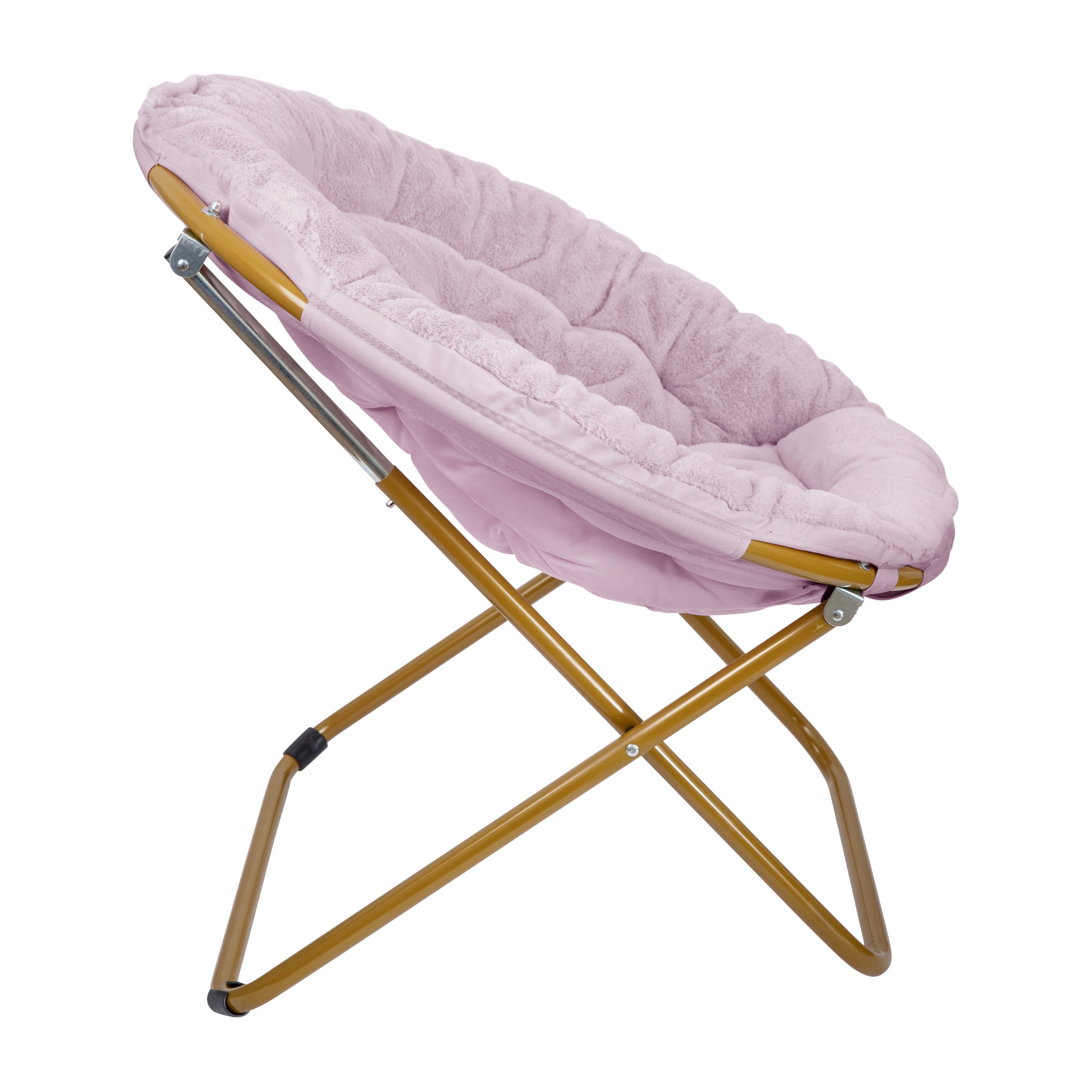 Gwen 38" Oversize Portable Faux Fur Folding Saucer Moon Chair for Dorm and Bedroom, Dusty Purple Faux Fur/Soft Gold Frame