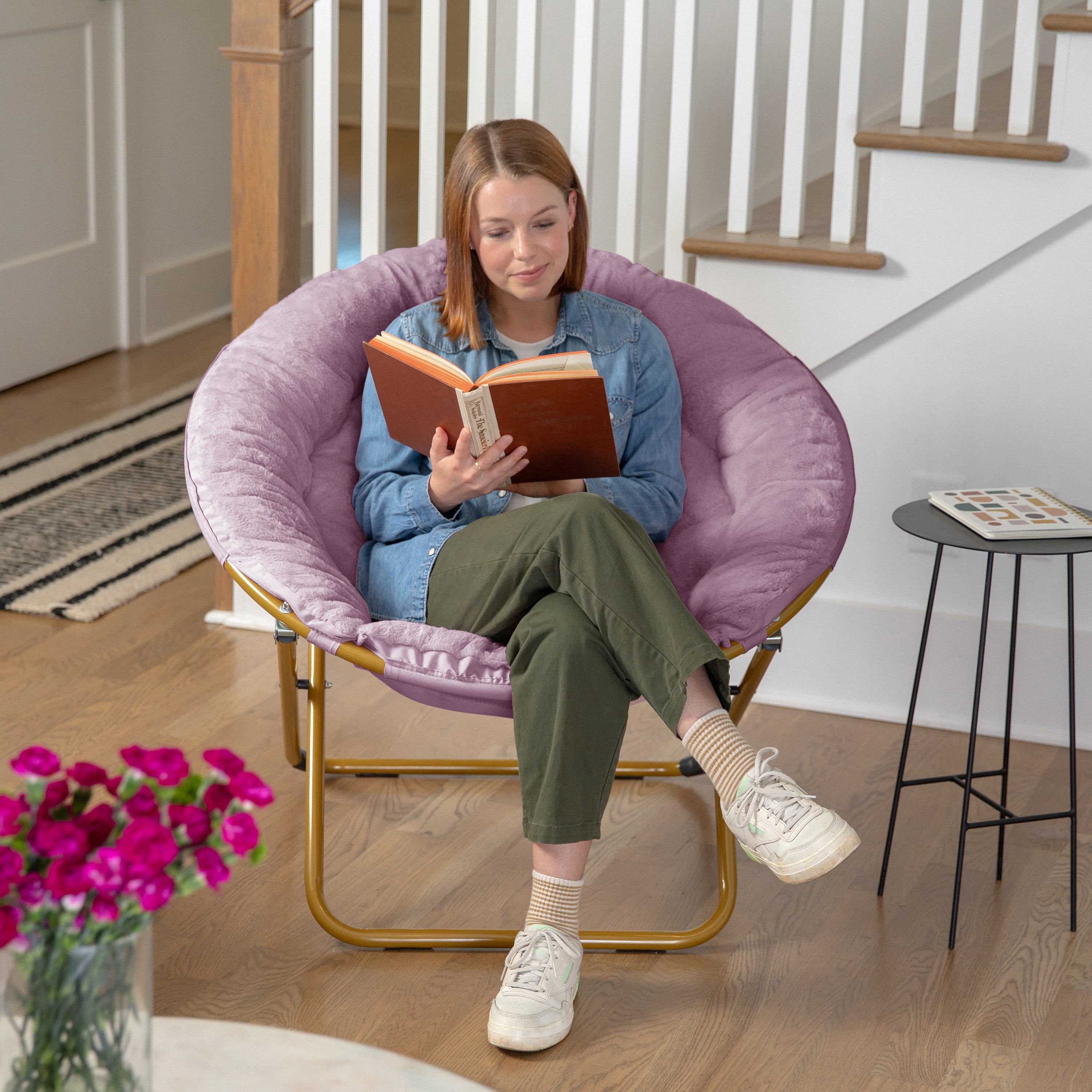 Gwen 38" Oversize Portable Faux Fur Folding Saucer Moon Chair for Dorm and Bedroom, Dusty Purple Faux Fur/Soft Gold Frame