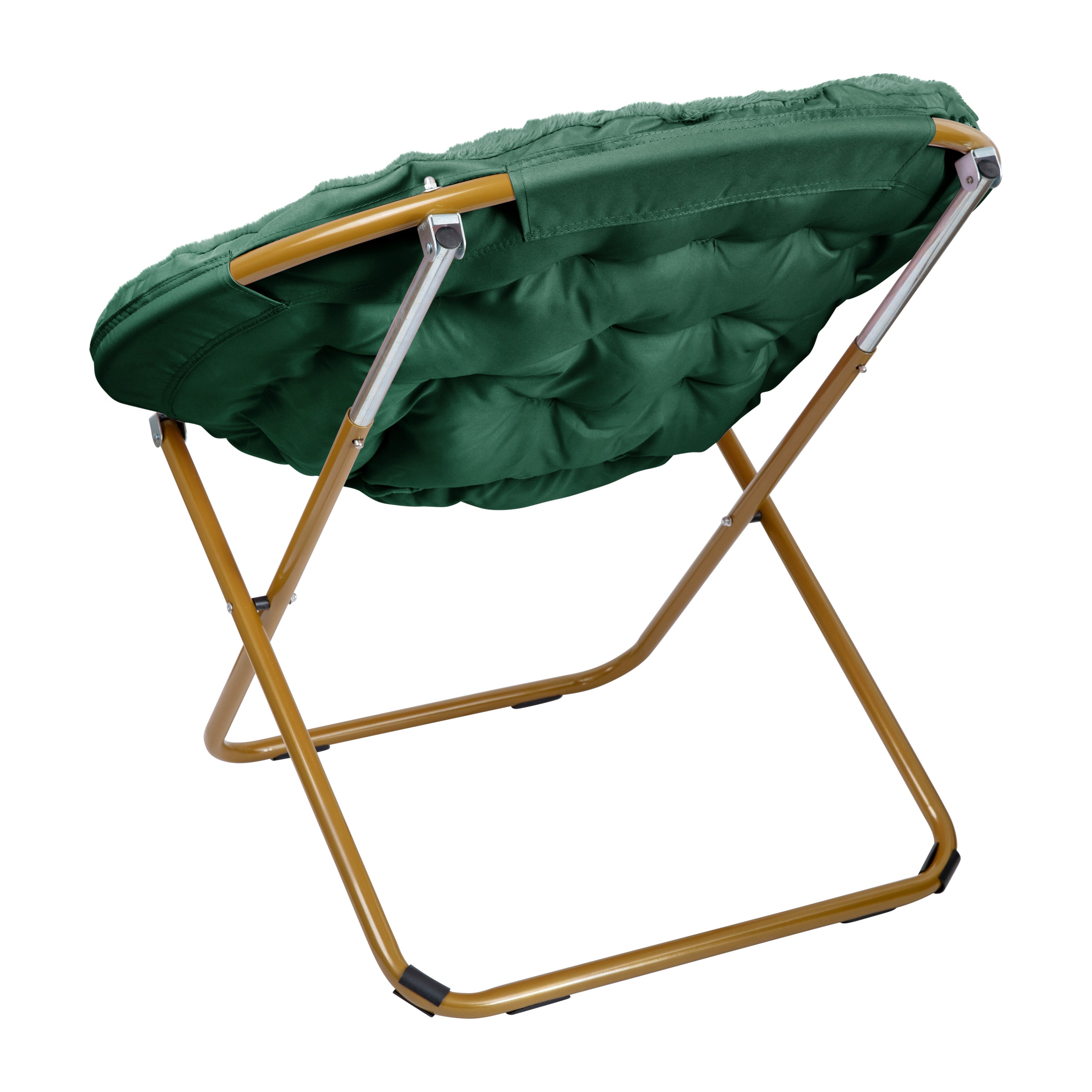 Gwen 38" Oversize Portable Faux Fur Folding Saucer Moon Chair for Dorm and Bedroom, Emerald Faux Fur/Soft Gold Frame