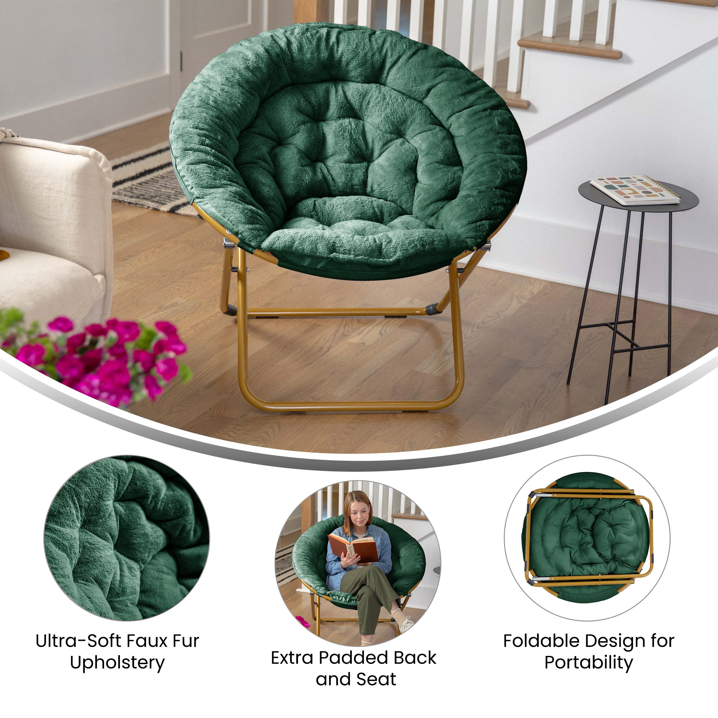 Gwen 38" Oversize Portable Faux Fur Folding Saucer Moon Chair for Dorm and Bedroom, Emerald Faux Fur/Soft Gold Frame
