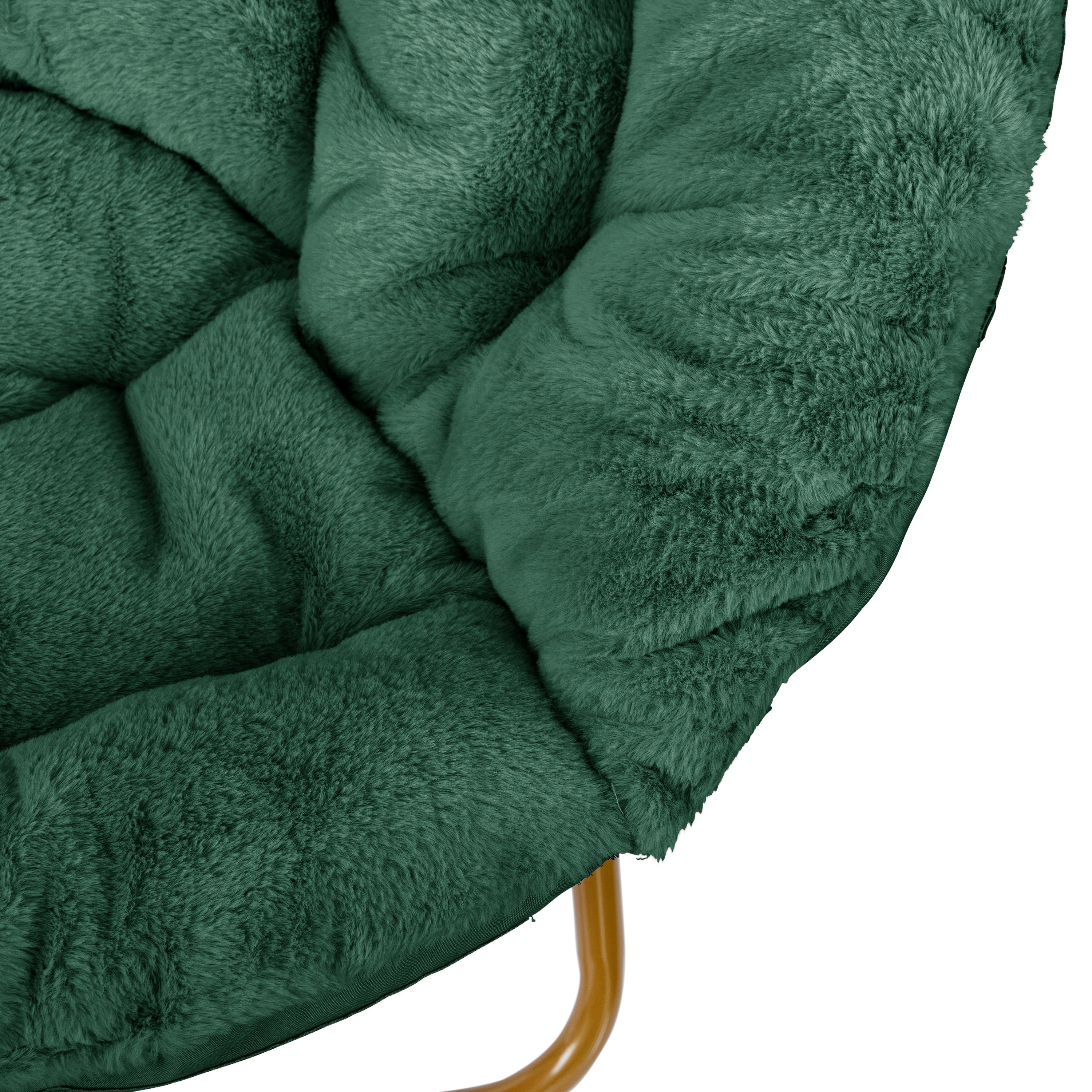 Gwen 38" Oversize Portable Faux Fur Folding Saucer Moon Chair for Dorm and Bedroom, Emerald Faux Fur/Soft Gold Frame