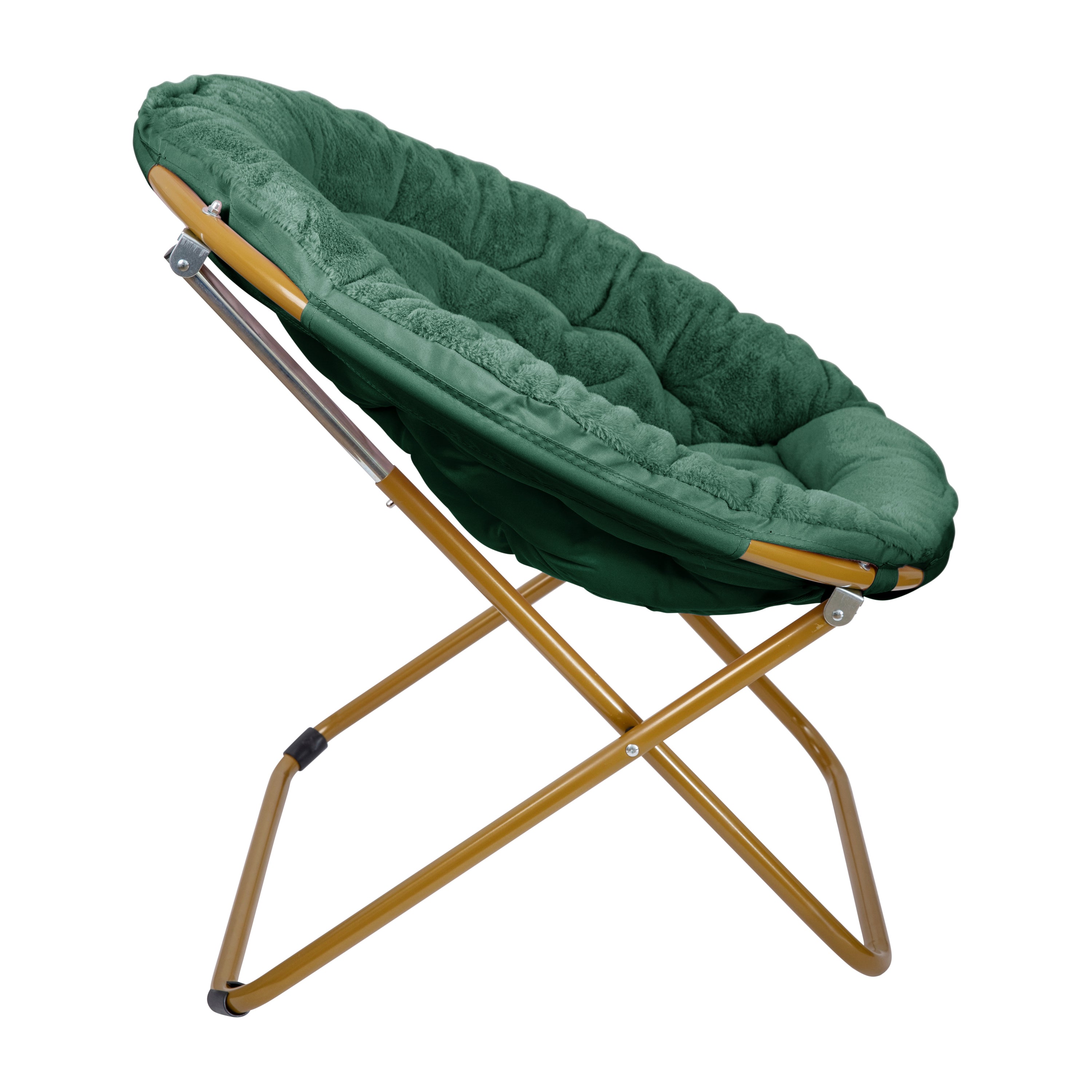 Gwen 38" Oversize Portable Faux Fur Folding Saucer Moon Chair for Dorm and Bedroom, Emerald Faux Fur/Soft Gold Frame