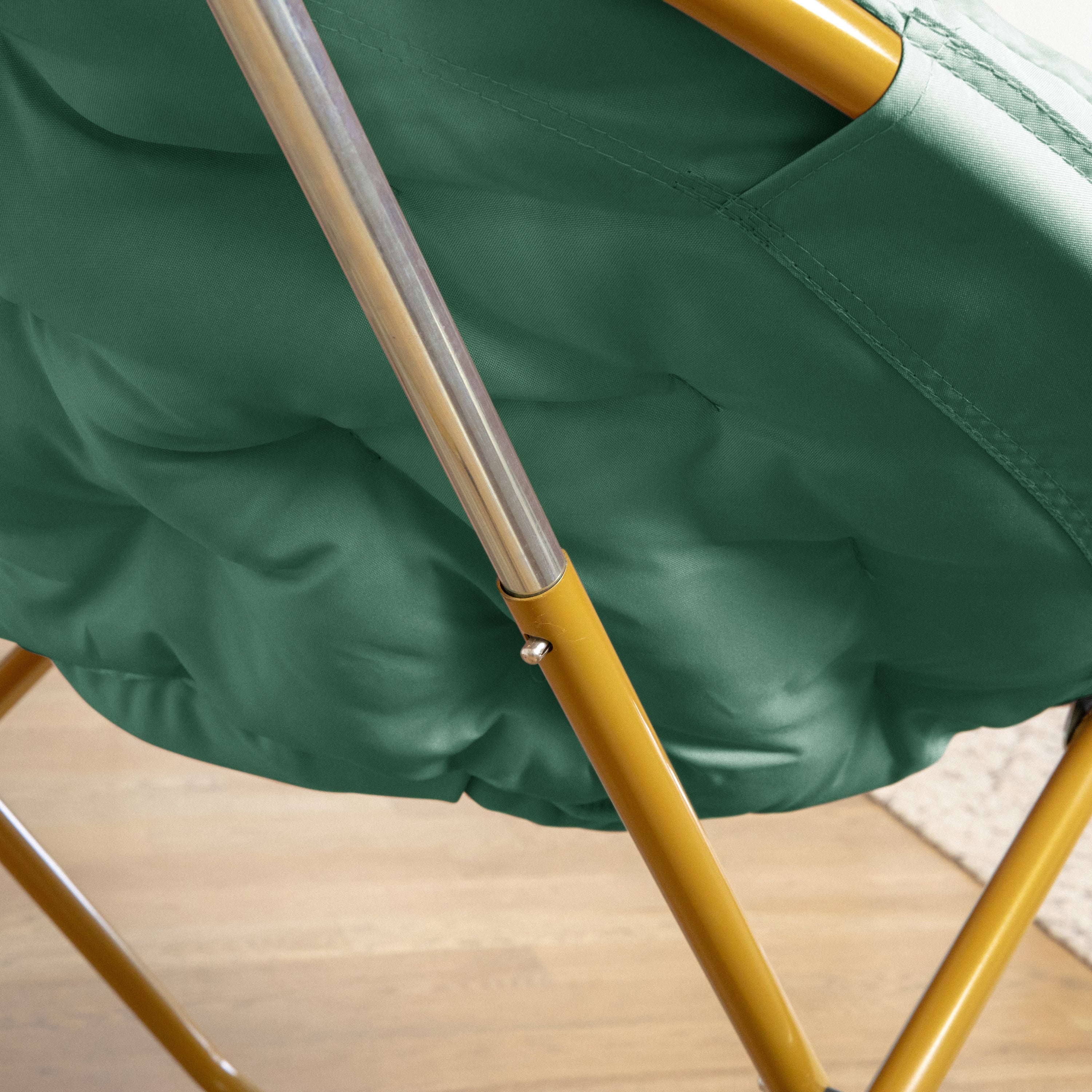 Gwen 38" Oversize Portable Faux Fur Folding Saucer Moon Chair for Dorm and Bedroom, Emerald Faux Fur/Soft Gold Frame