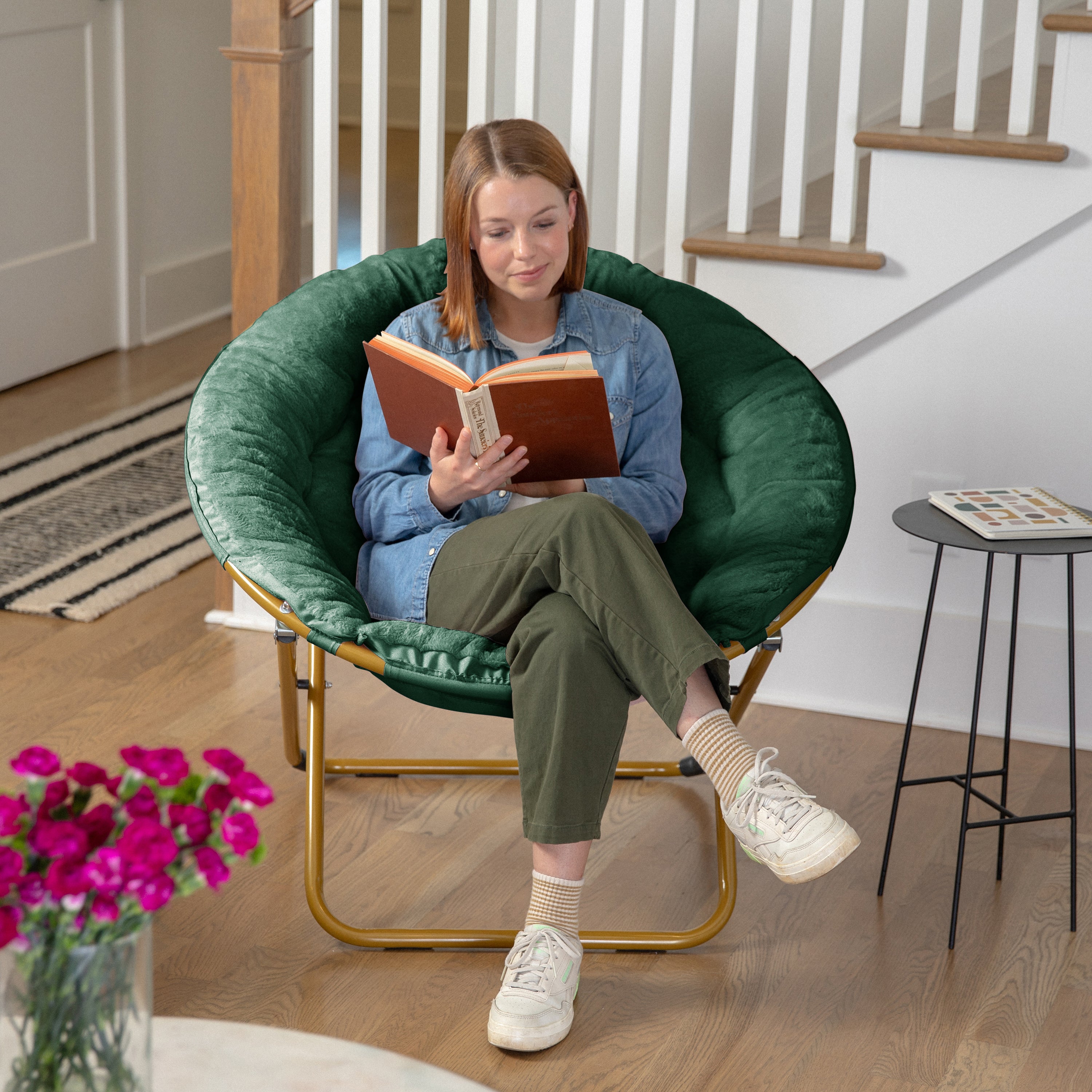 Gwen 38" Oversize Portable Faux Fur Folding Saucer Moon Chair for Dorm and Bedroom, Emerald Faux Fur/Soft Gold Frame