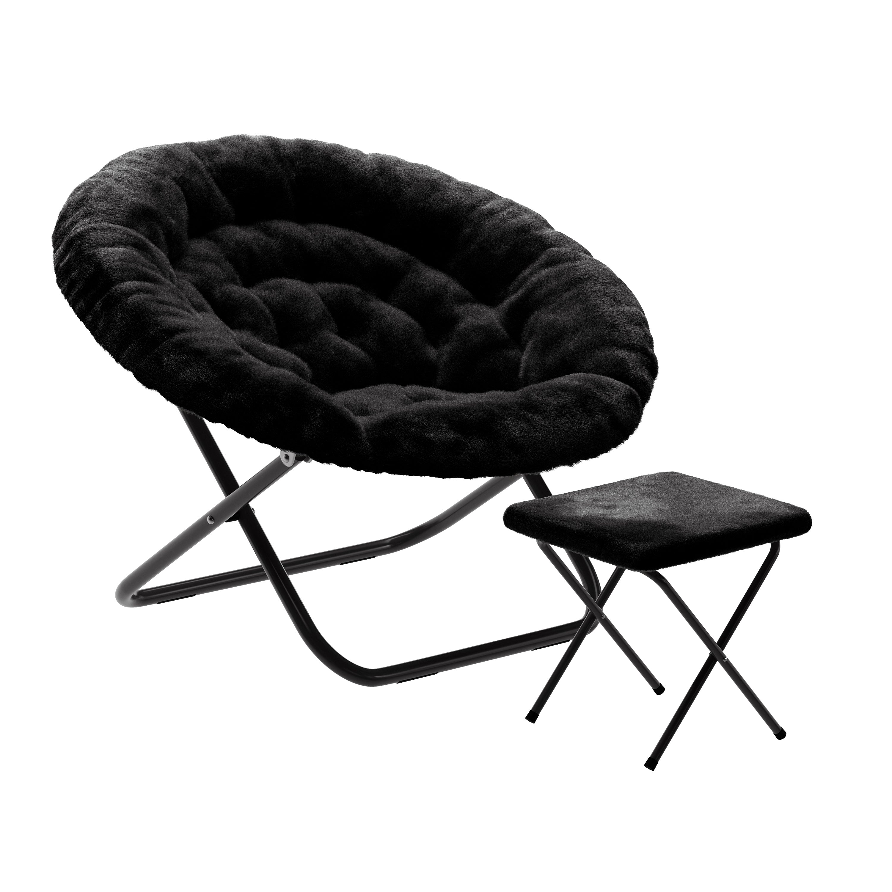 Gwen 38" Oversize Portable Faux Fur Folding Saucer Moon Chair with Folding Ottoman for Dorm and Bedroom, Black Faux Fur/Black Frame