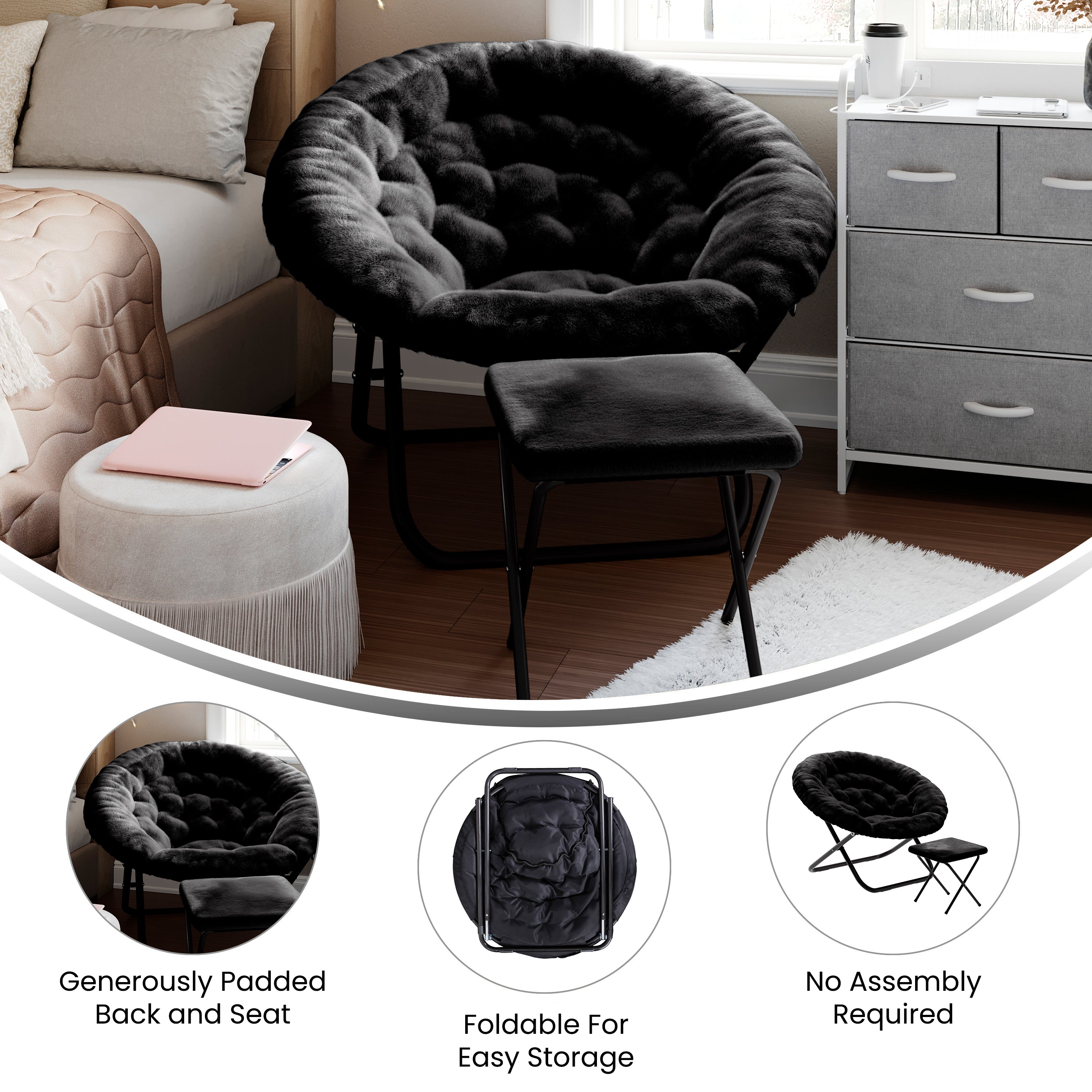 Gwen 38" Oversize Portable Faux Fur Folding Saucer Moon Chair with Folding Ottoman for Dorm and Bedroom, Black Faux Fur/Black Frame