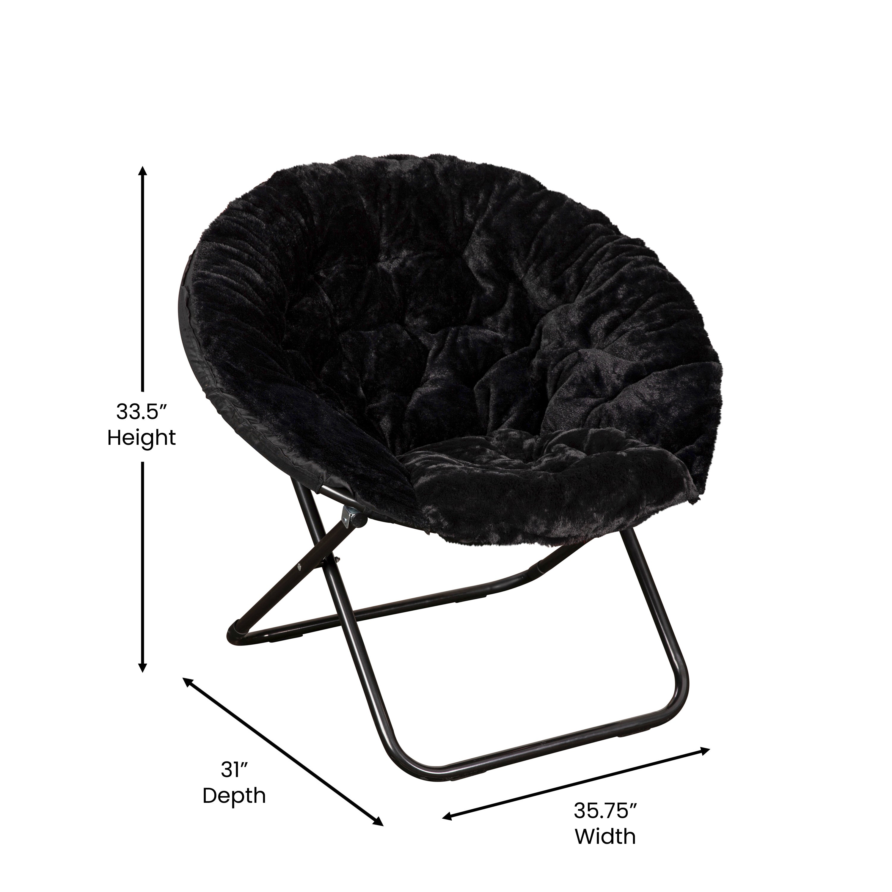 Gwen 38" Oversize Portable Faux Fur Folding Saucer Moon Chair with Folding Ottoman for Dorm and Bedroom, Black Faux Fur/Black Frame