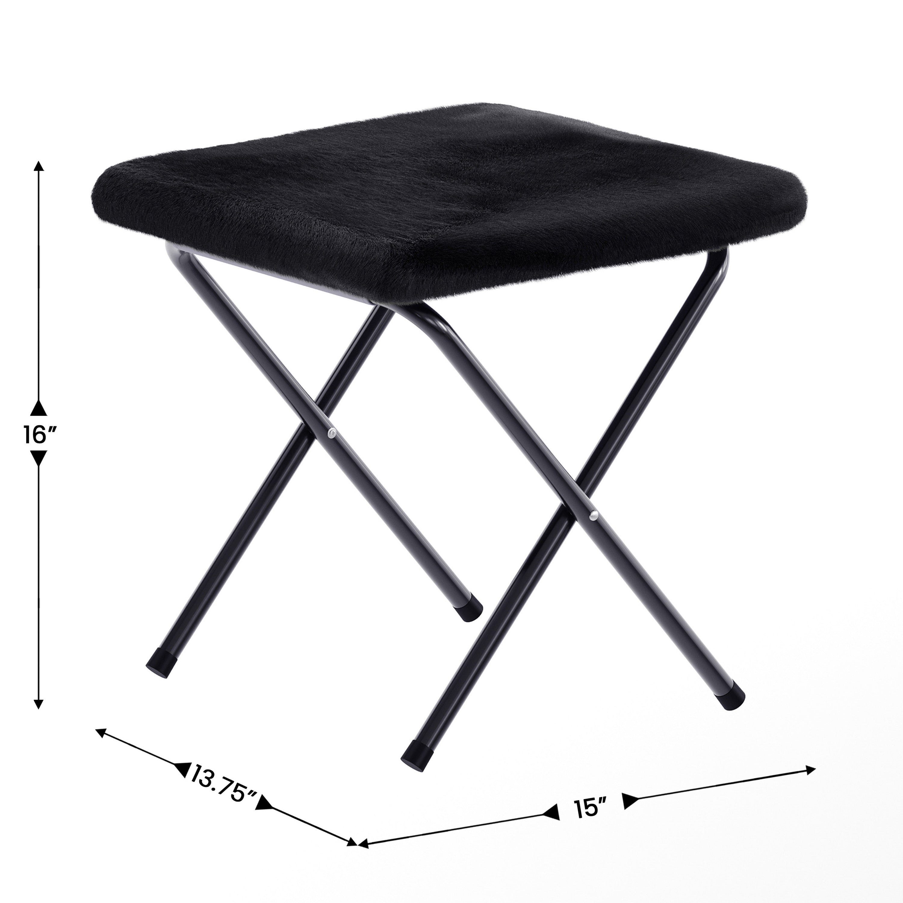 Gwen 38" Oversize Portable Faux Fur Folding Saucer Moon Chair with Folding Ottoman for Dorm and Bedroom, Black Faux Fur/Black Frame