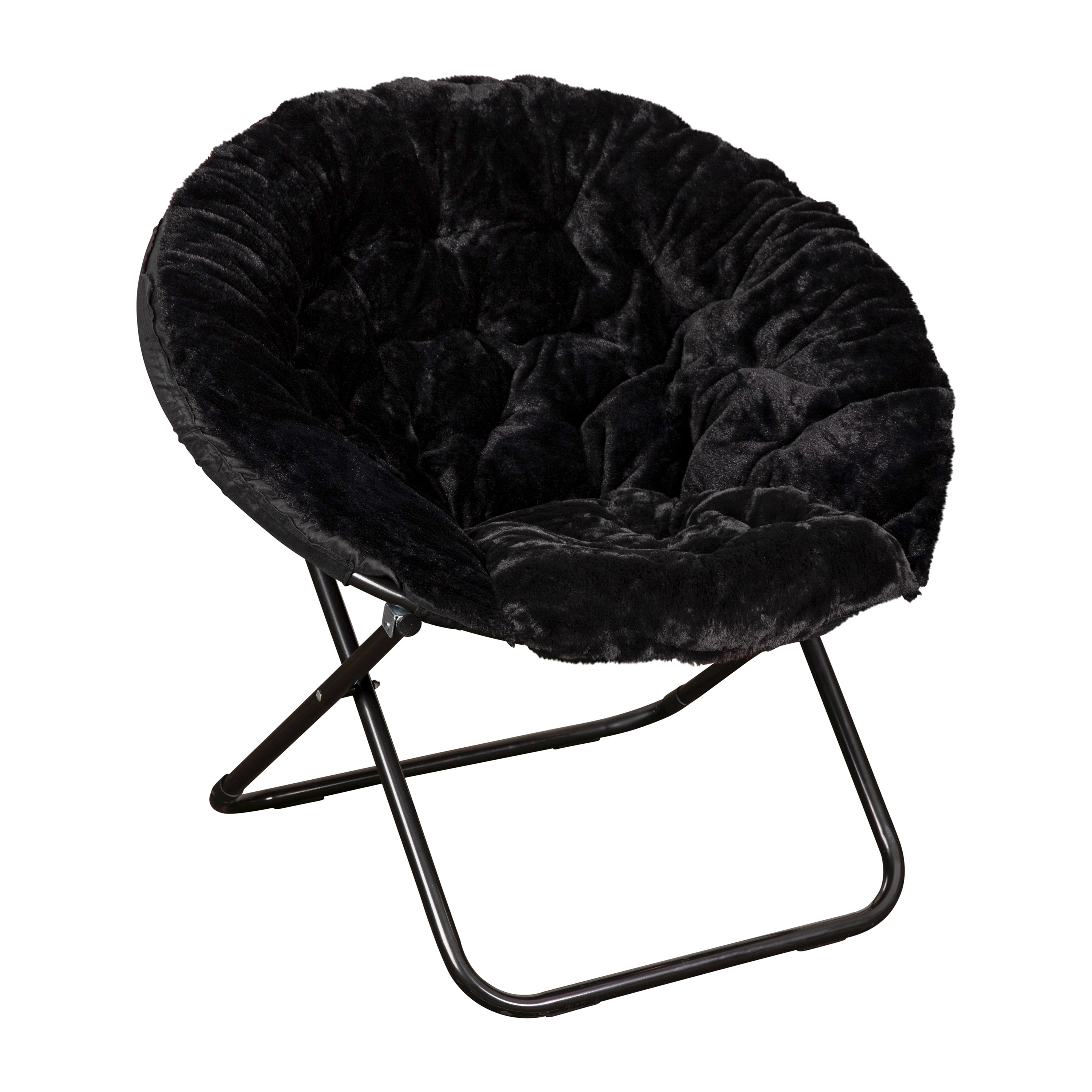 Gwen 38" Oversize Portable Faux Fur Folding Saucer Moon Chair with Folding Ottoman for Dorm and Bedroom, Black Faux Fur/Black Frame