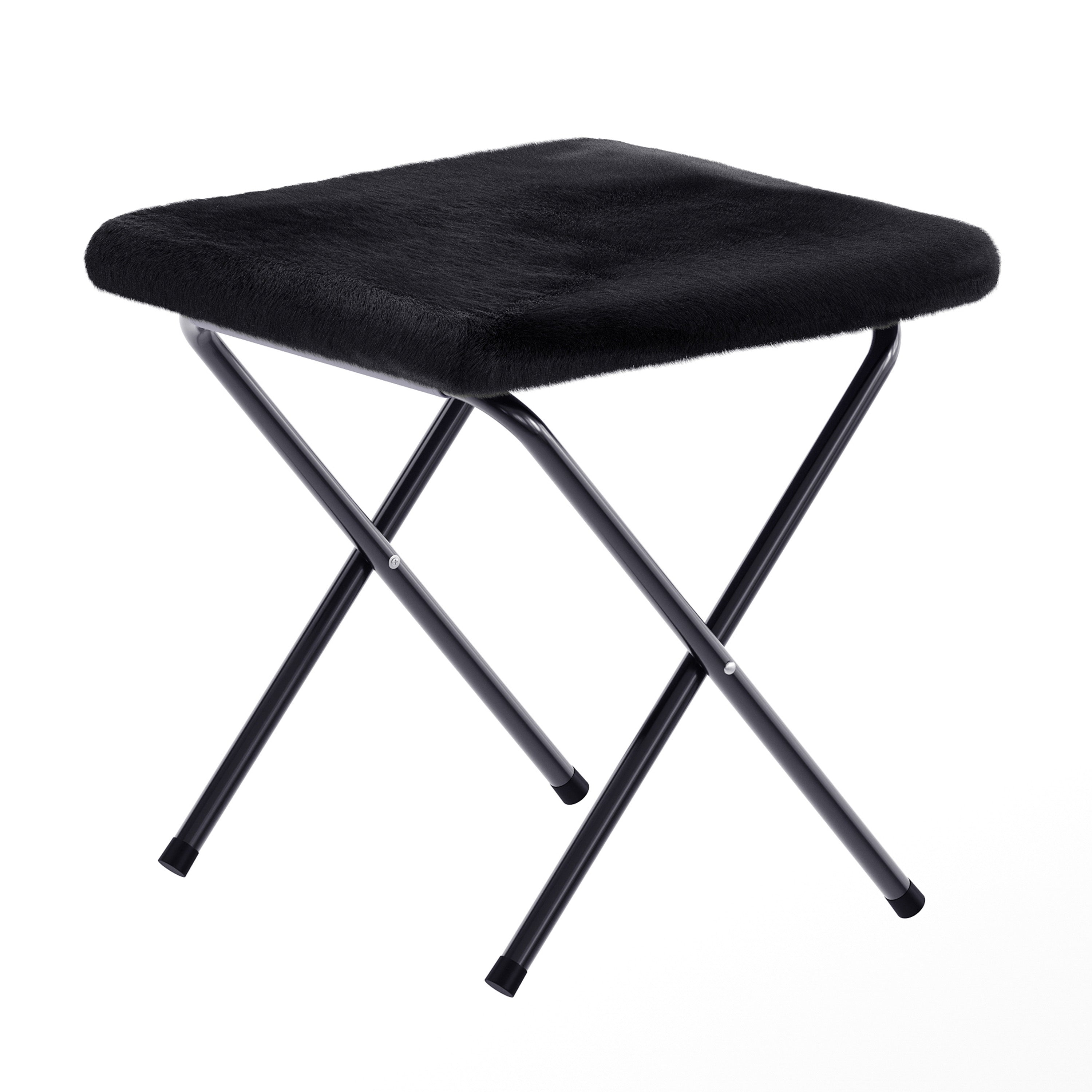Gwen 38" Oversize Portable Faux Fur Folding Saucer Moon Chair with Folding Ottoman for Dorm and Bedroom, Black Faux Fur/Black Frame
