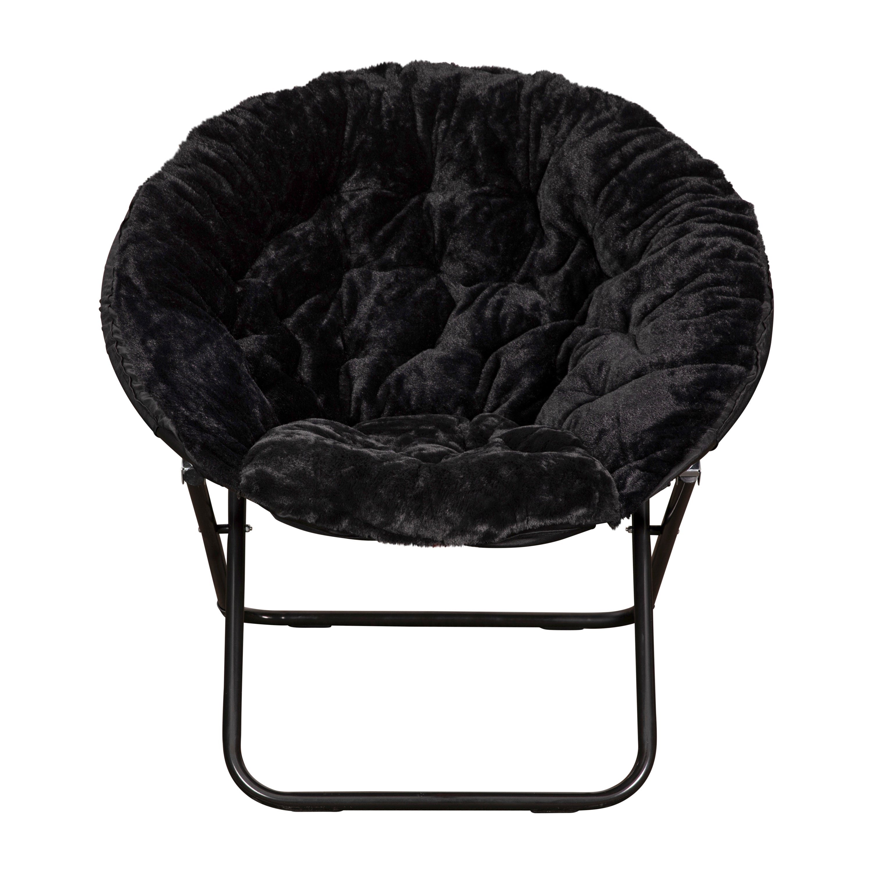 Gwen 38" Oversize Portable Faux Fur Folding Saucer Moon Chair with Folding Ottoman for Dorm and Bedroom, Black Faux Fur/Black Frame