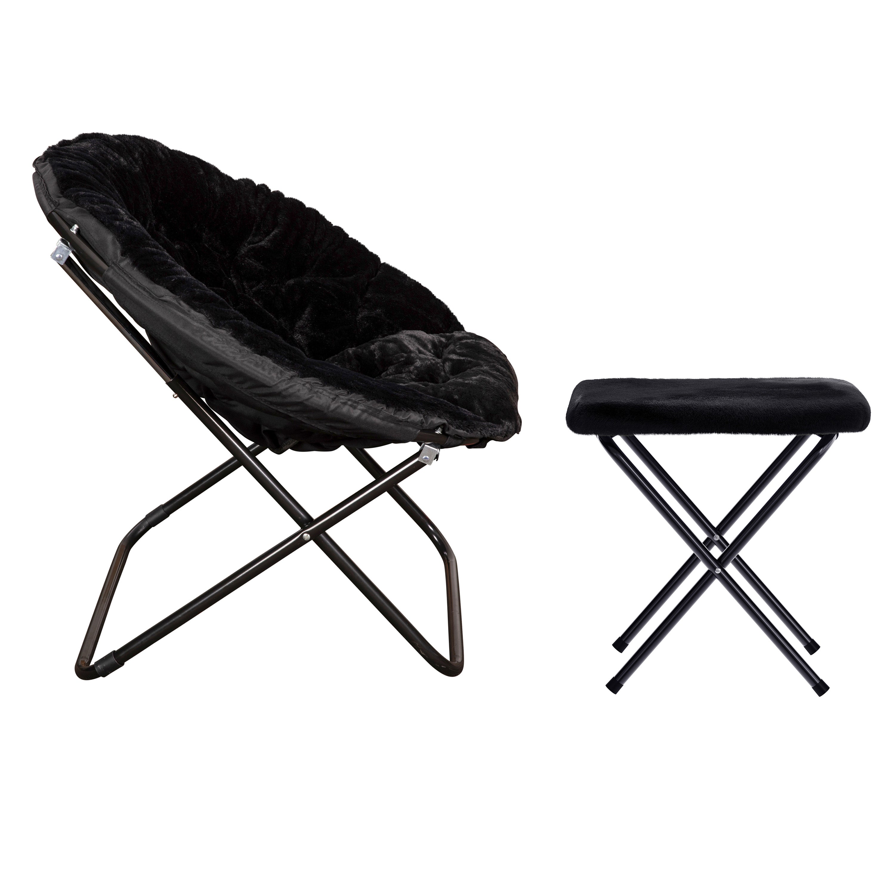 Gwen 38" Oversize Portable Faux Fur Folding Saucer Moon Chair with Folding Ottoman for Dorm and Bedroom, Black Faux Fur/Black Frame