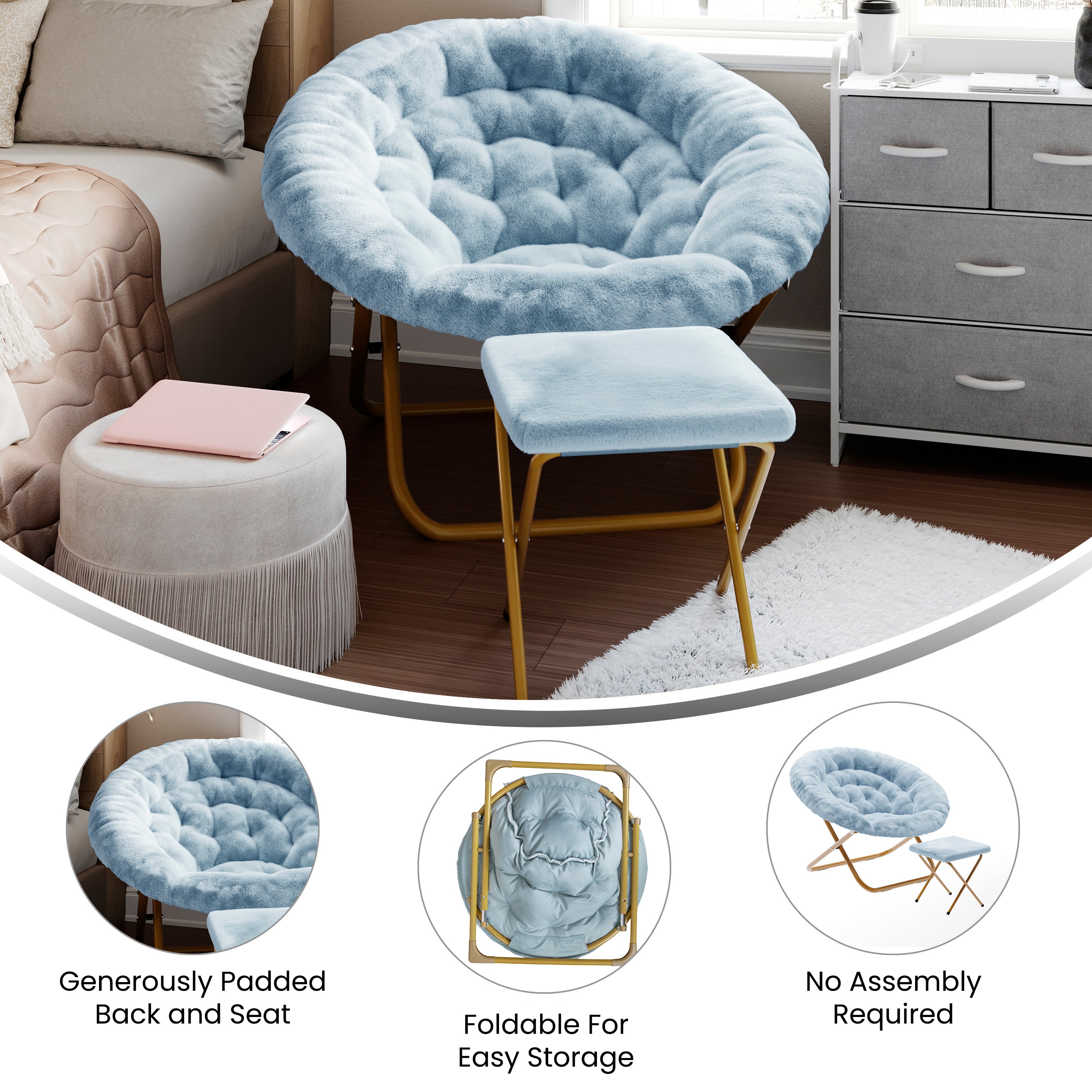 Gwen 38" Oversize Portable Faux Fur Folding Saucer Moon Chair with Folding Ottoman for Dorm and Bedroom, Dusty Aqua Faux Fur/Soft Gold Frame