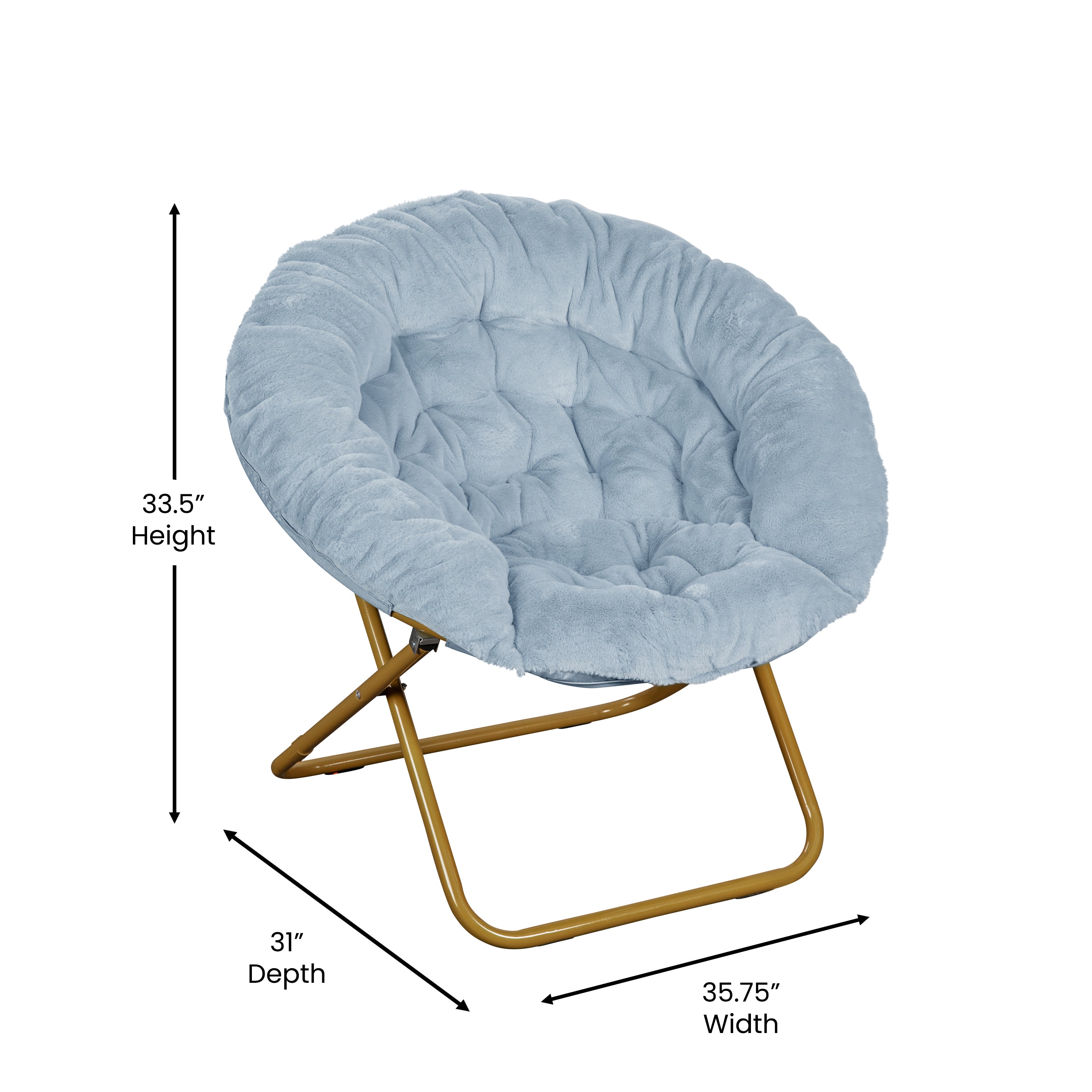 Gwen 38" Oversize Portable Faux Fur Folding Saucer Moon Chair with Folding Ottoman for Dorm and Bedroom, Dusty Aqua Faux Fur/Soft Gold Frame