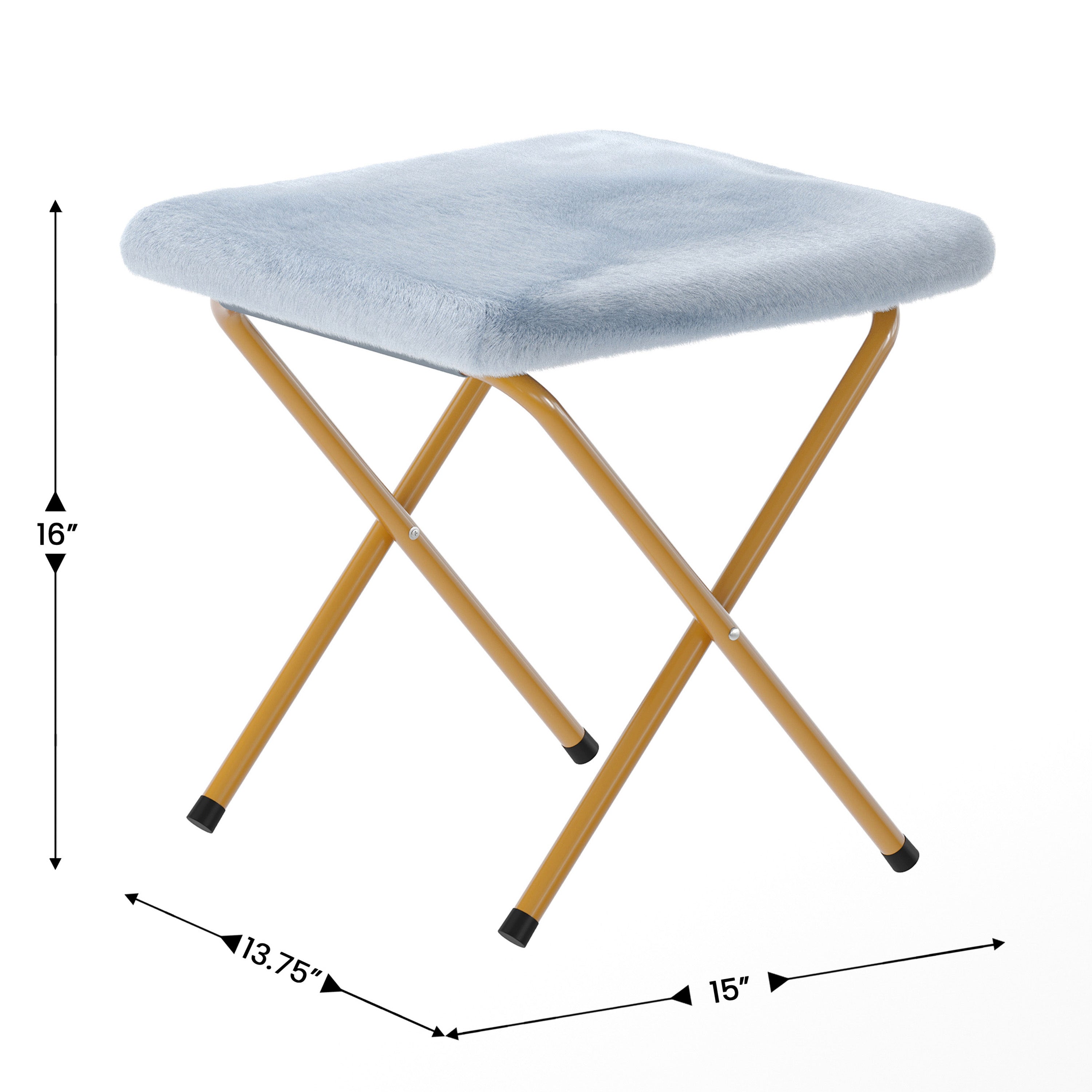 Gwen 38" Oversize Portable Faux Fur Folding Saucer Moon Chair with Folding Ottoman for Dorm and Bedroom, Dusty Aqua Faux Fur/Soft Gold Frame