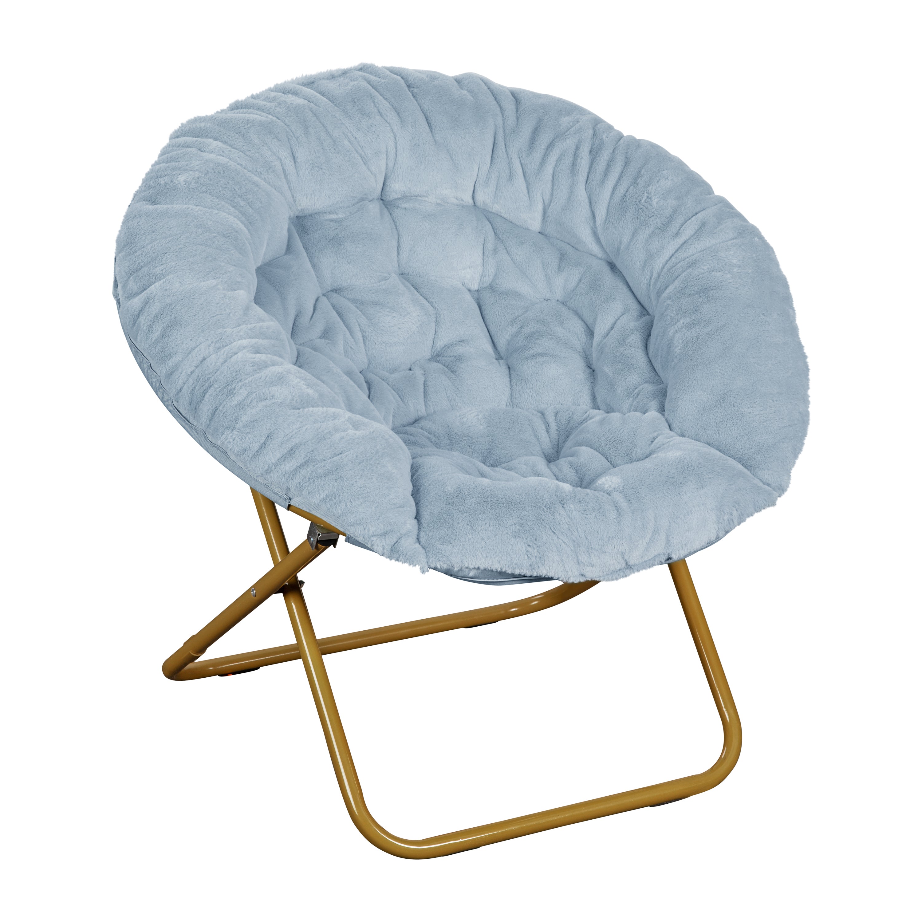 Gwen 38" Oversize Portable Faux Fur Folding Saucer Moon Chair with Folding Ottoman for Dorm and Bedroom, Dusty Aqua Faux Fur/Soft Gold Frame