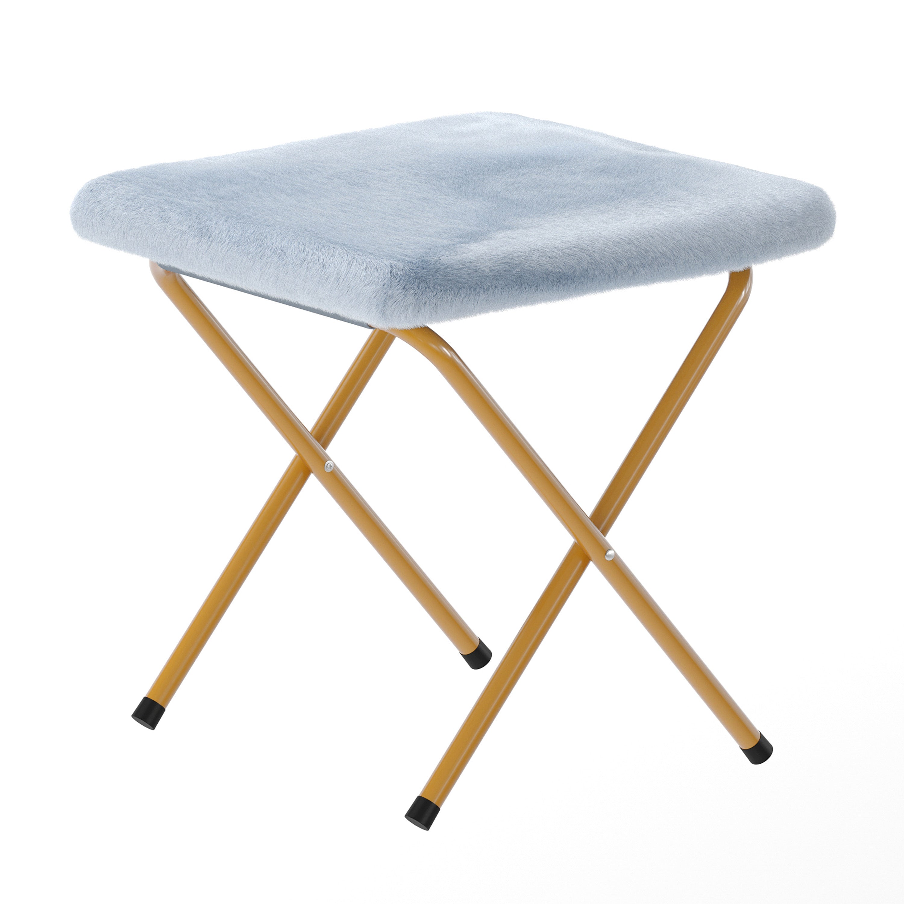 Gwen 38" Oversize Portable Faux Fur Folding Saucer Moon Chair with Folding Ottoman for Dorm and Bedroom, Dusty Aqua Faux Fur/Soft Gold Frame