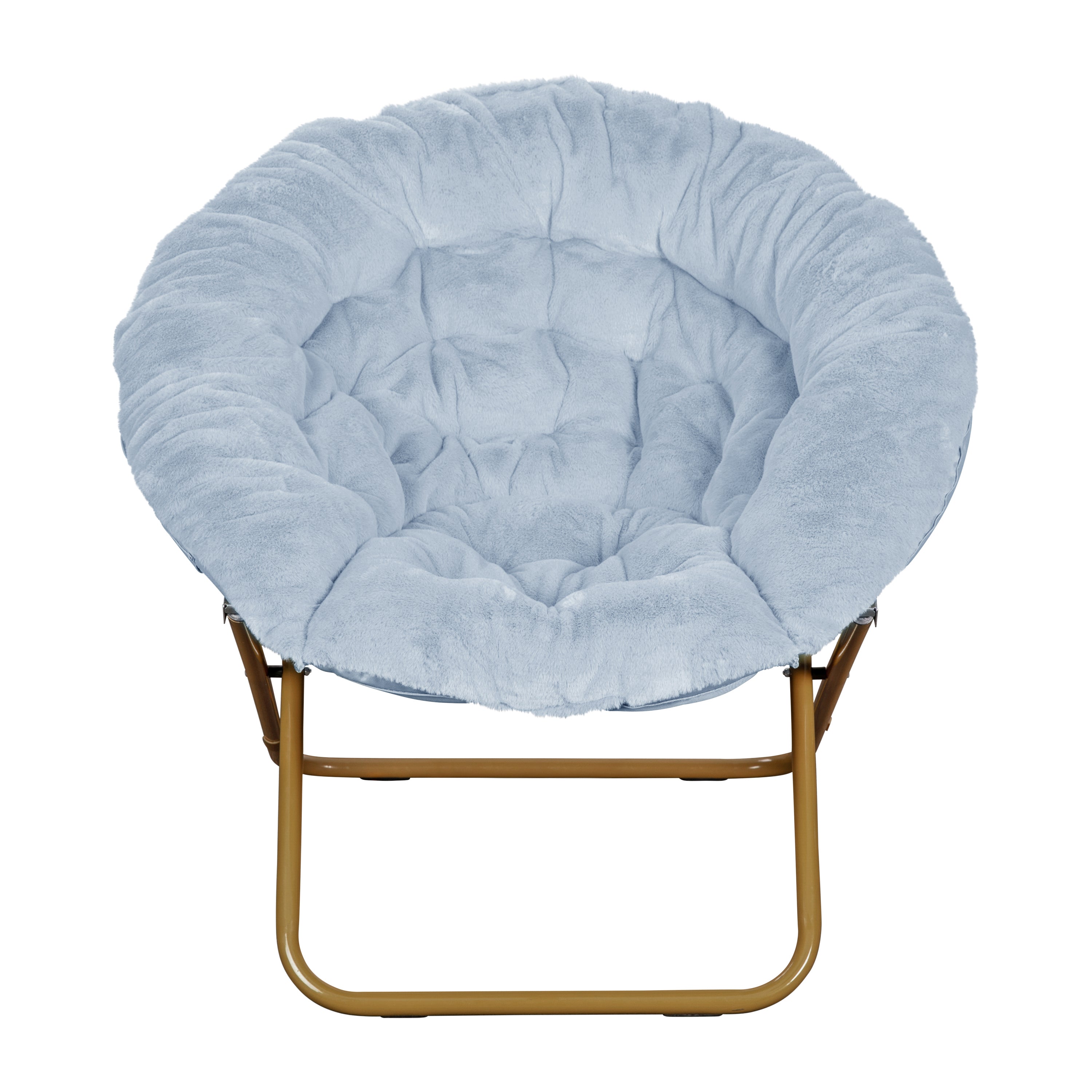 Gwen 38" Oversize Portable Faux Fur Folding Saucer Moon Chair with Folding Ottoman for Dorm and Bedroom, Dusty Aqua Faux Fur/Soft Gold Frame