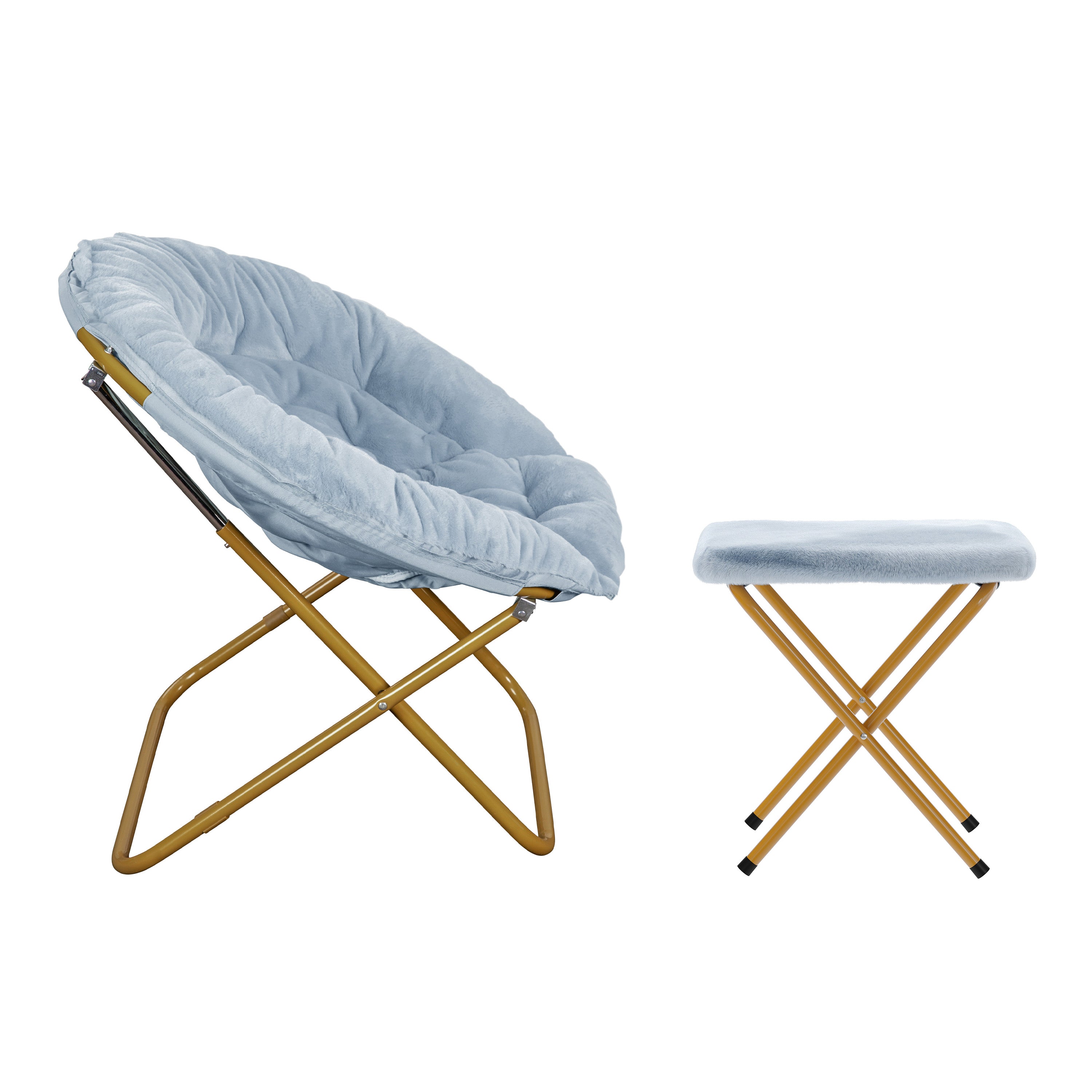 Gwen 38" Oversize Portable Faux Fur Folding Saucer Moon Chair with Folding Ottoman for Dorm and Bedroom, Dusty Aqua Faux Fur/Soft Gold Frame