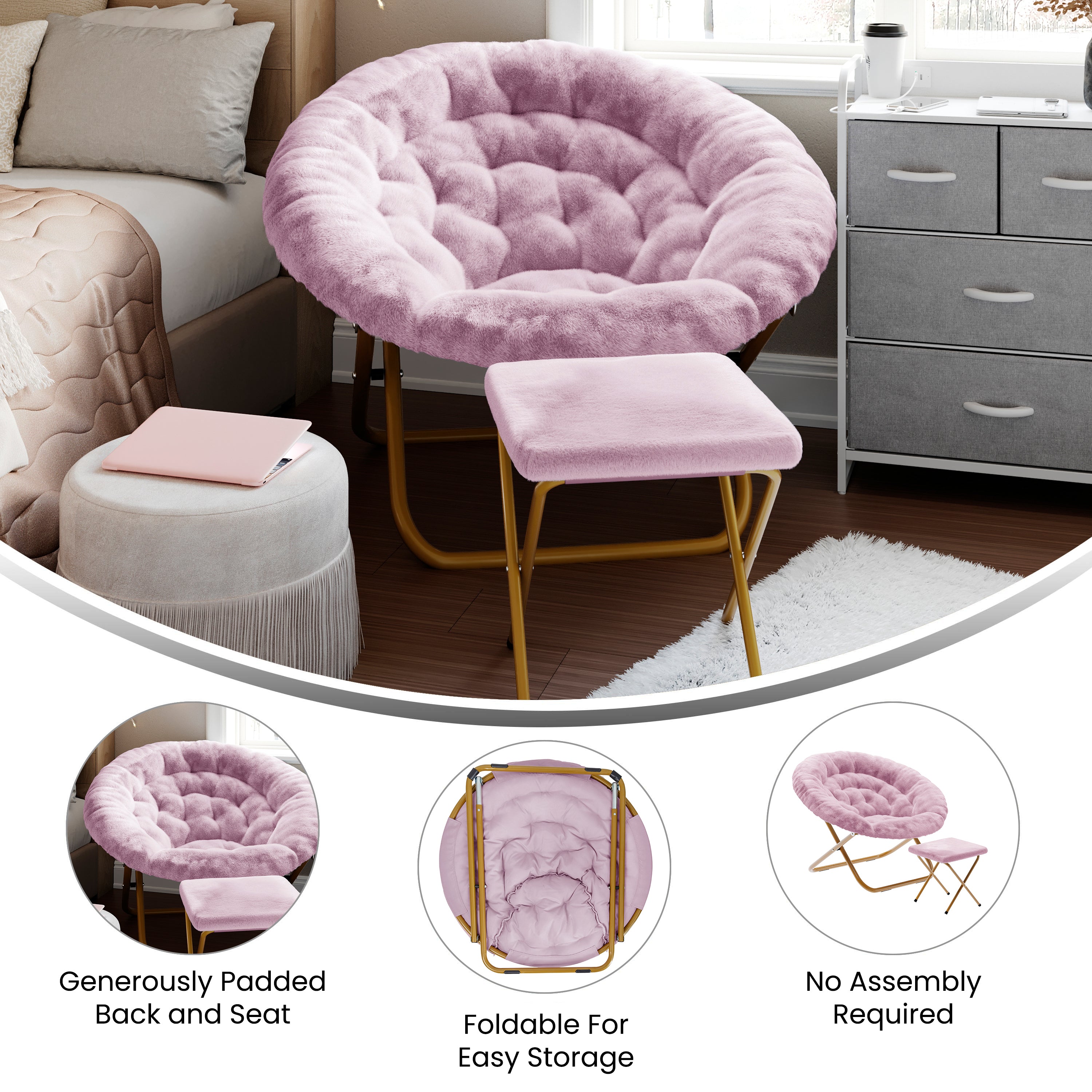 Gwen 38" Oversize Portable Faux Fur Folding Saucer Moon Chair with Folding Ottoman for Dorm and Bedroom, Dusty Purple Faux Fur/Soft Gold Frame