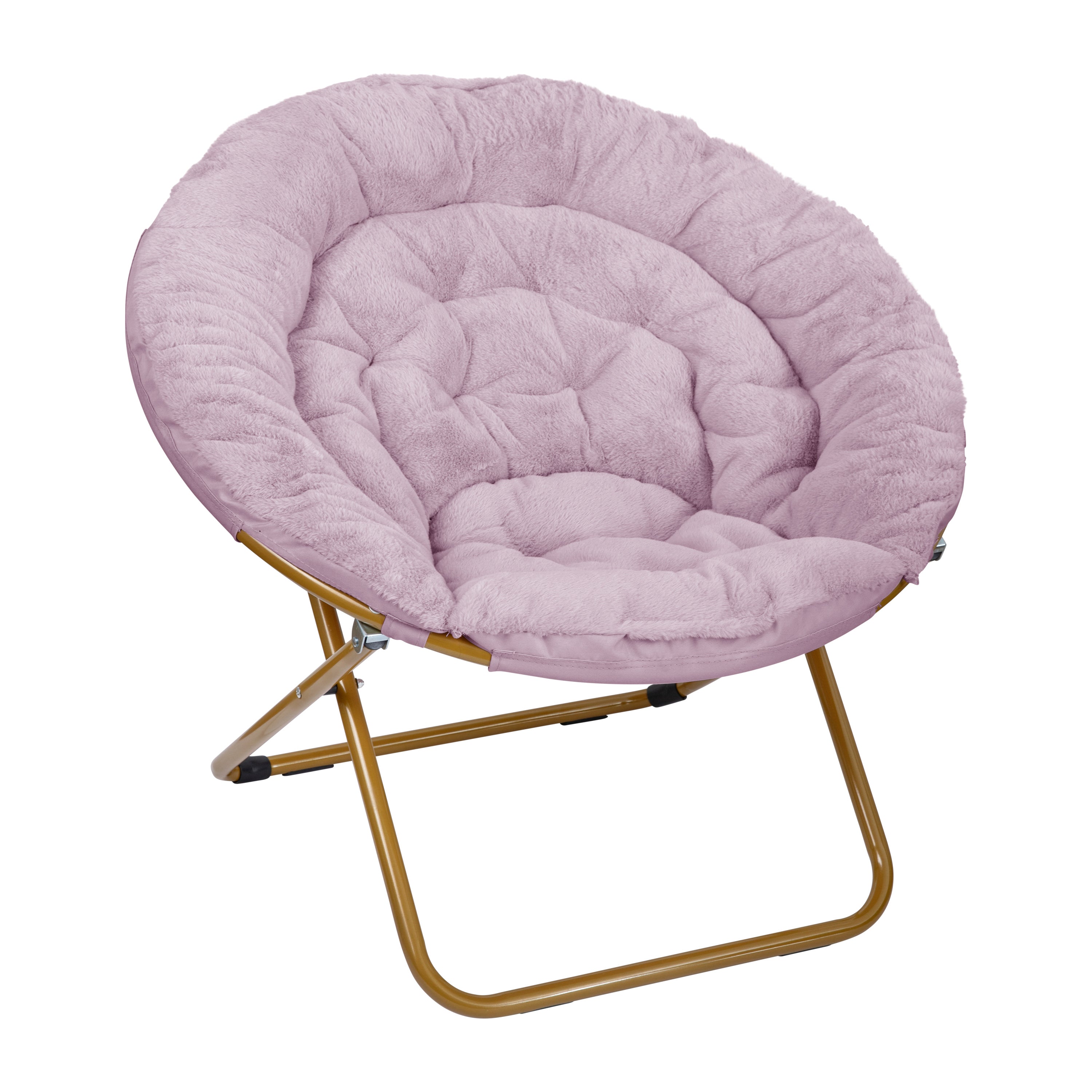Gwen 38" Oversize Portable Faux Fur Folding Saucer Moon Chair with Folding Ottoman for Dorm and Bedroom, Dusty Purple Faux Fur/Soft Gold Frame