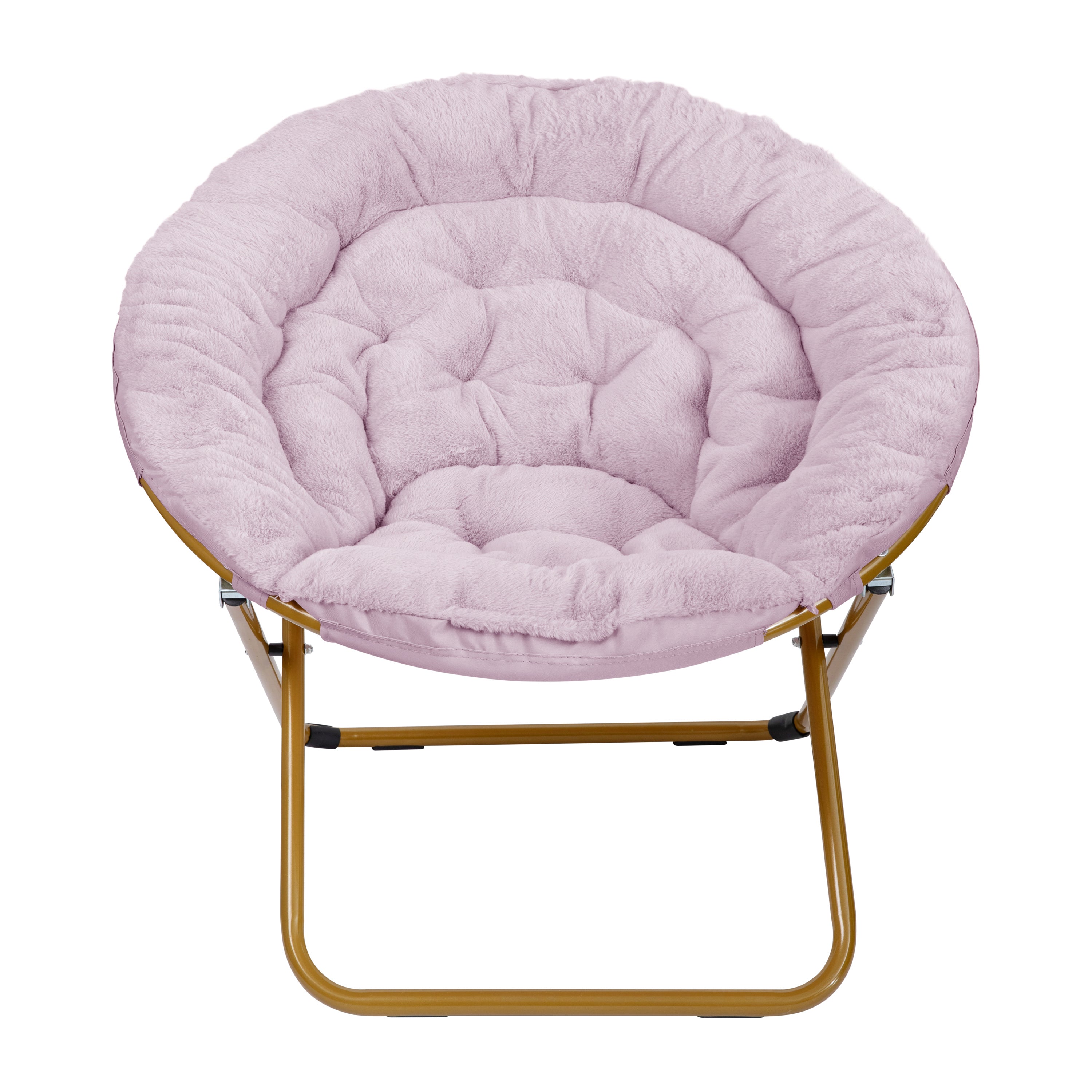 Gwen 38" Oversize Portable Faux Fur Folding Saucer Moon Chair with Folding Ottoman for Dorm and Bedroom, Dusty Purple Faux Fur/Soft Gold Frame