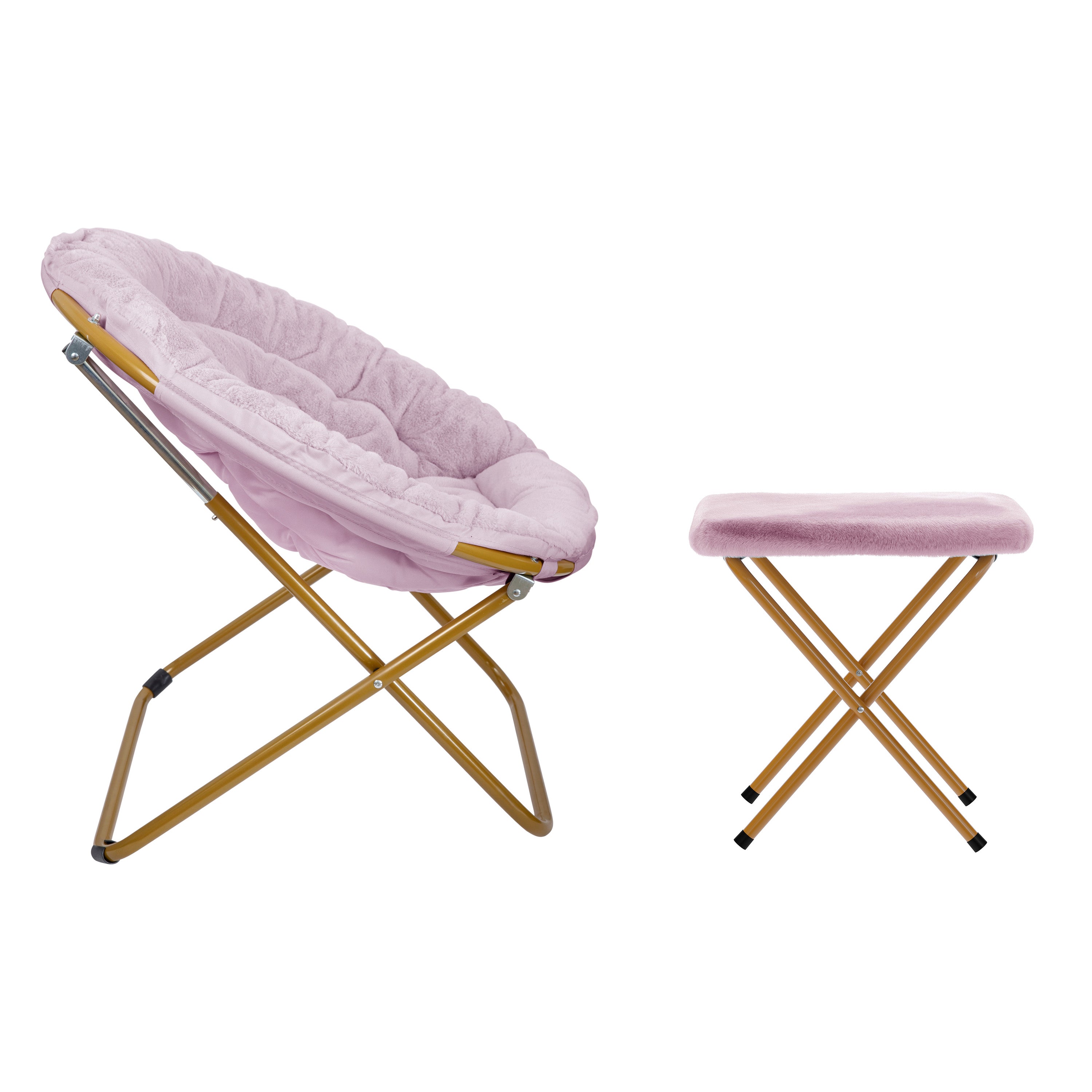Gwen 38" Oversize Portable Faux Fur Folding Saucer Moon Chair with Folding Ottoman for Dorm and Bedroom, Dusty Purple Faux Fur/Soft Gold Frame