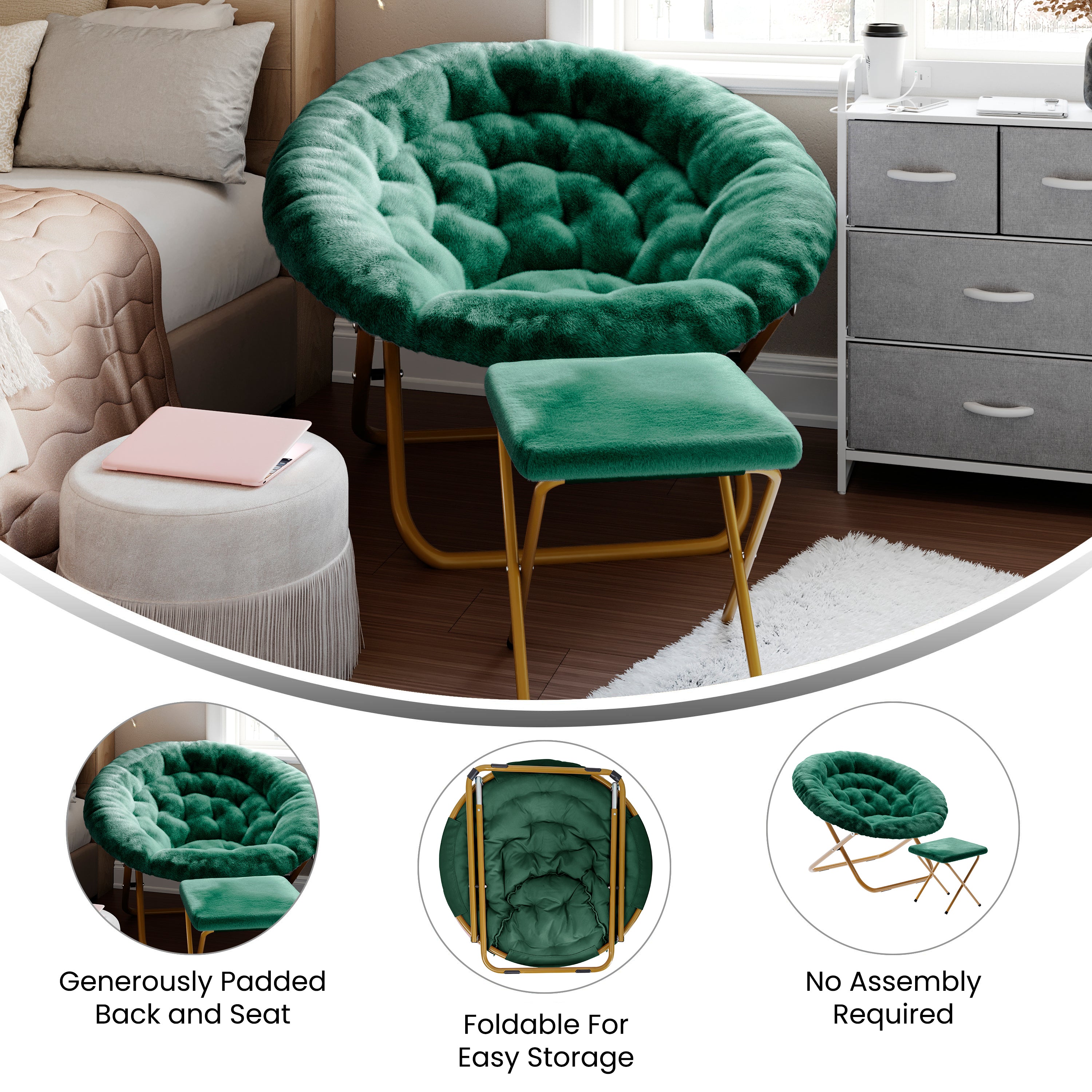 Gwen 38" Oversize Portable Faux Fur Folding Saucer Moon Chair with Folding Ottoman for Dorm and Bedroom, Emerald Faux Fur/Soft Gold Frame