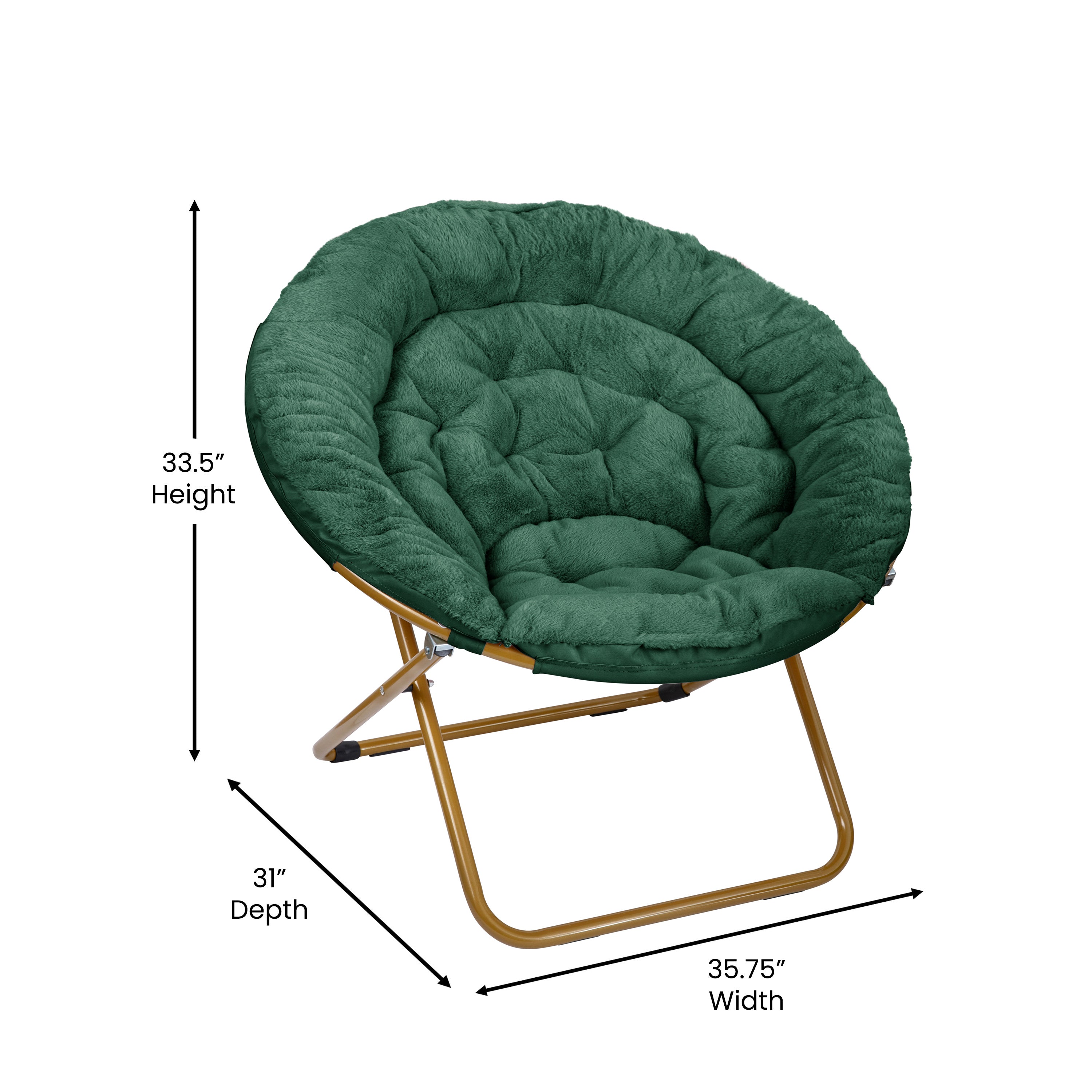 Gwen 38" Oversize Portable Faux Fur Folding Saucer Moon Chair with Folding Ottoman for Dorm and Bedroom, Emerald Faux Fur/Soft Gold Frame