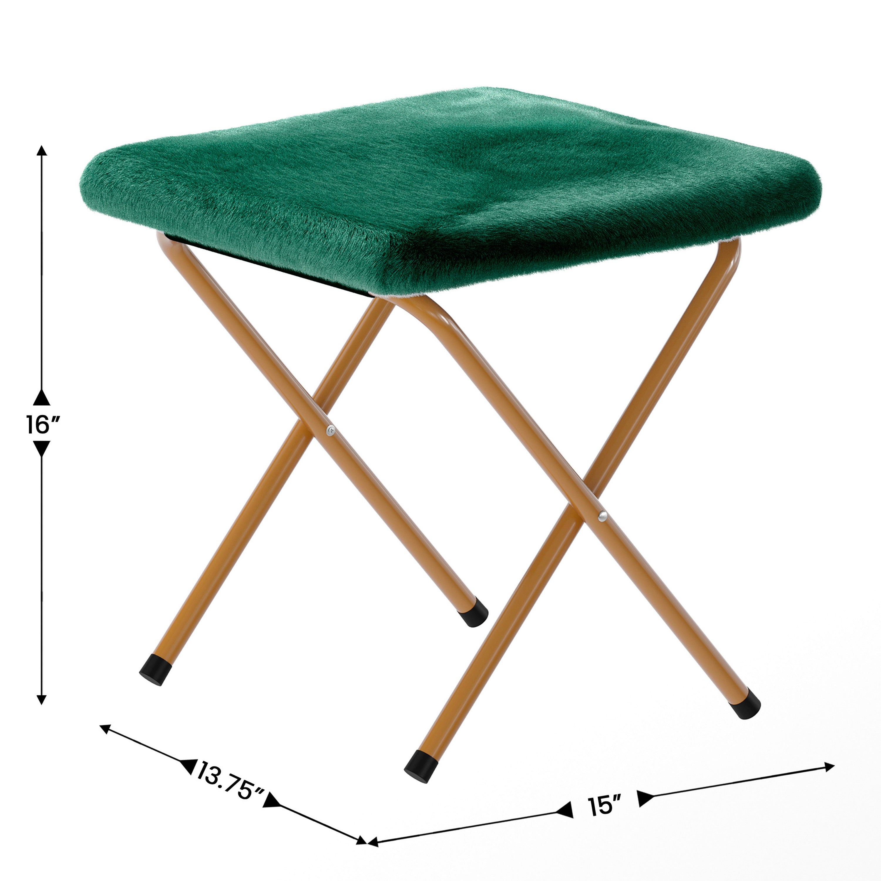 Gwen 38" Oversize Portable Faux Fur Folding Saucer Moon Chair with Folding Ottoman for Dorm and Bedroom, Emerald Faux Fur/Soft Gold Frame