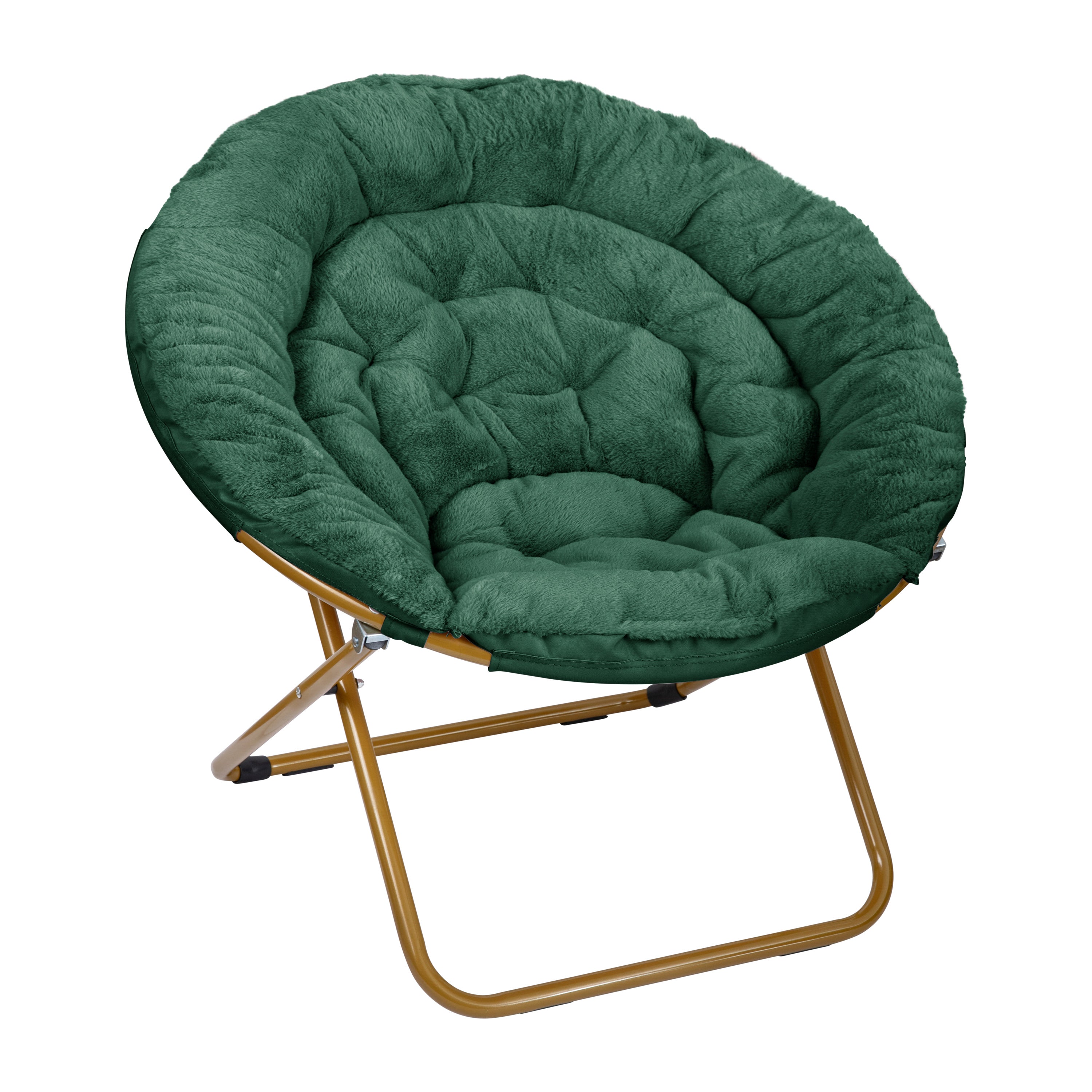 Gwen 38" Oversize Portable Faux Fur Folding Saucer Moon Chair with Folding Ottoman for Dorm and Bedroom, Emerald Faux Fur/Soft Gold Frame