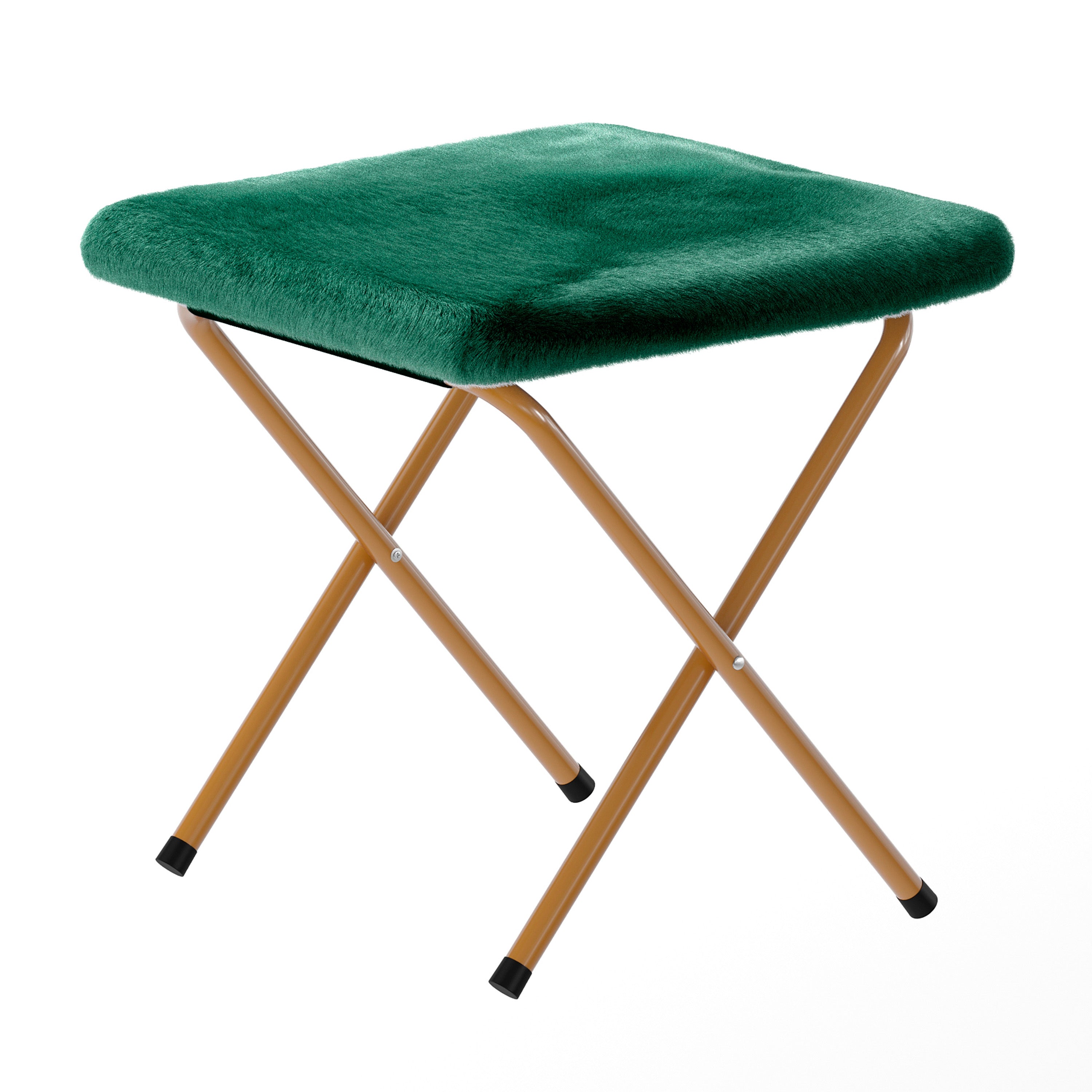 Gwen 38" Oversize Portable Faux Fur Folding Saucer Moon Chair with Folding Ottoman for Dorm and Bedroom, Emerald Faux Fur/Soft Gold Frame