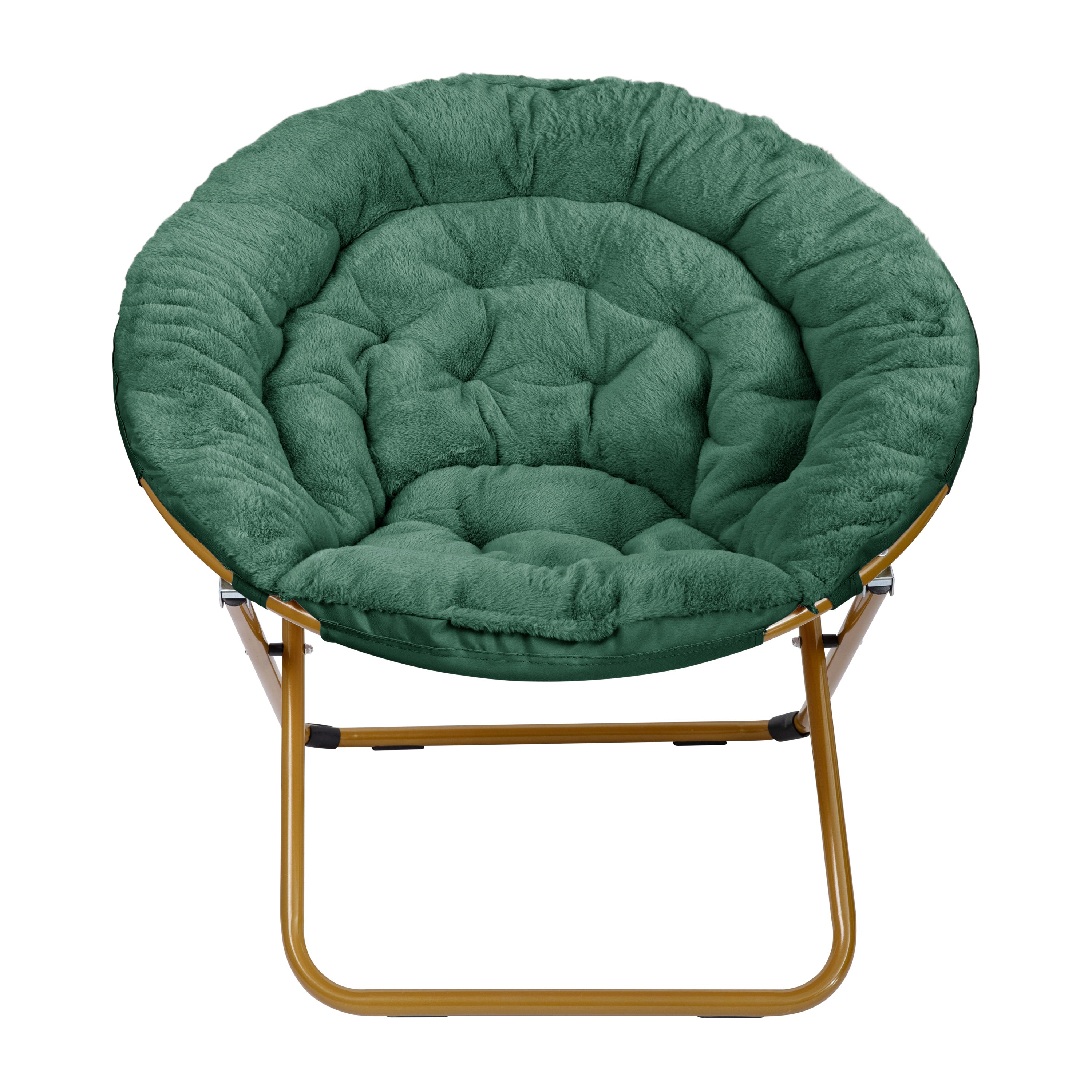 Gwen 38" Oversize Portable Faux Fur Folding Saucer Moon Chair with Folding Ottoman for Dorm and Bedroom, Emerald Faux Fur/Soft Gold Frame